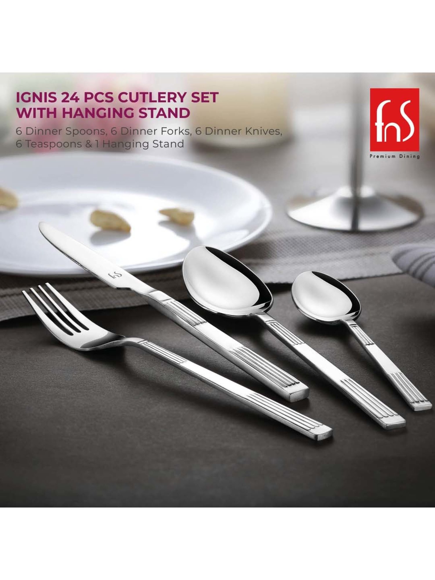 FnS Ignis Silver Stainless Steel Cutlery - Set of 24