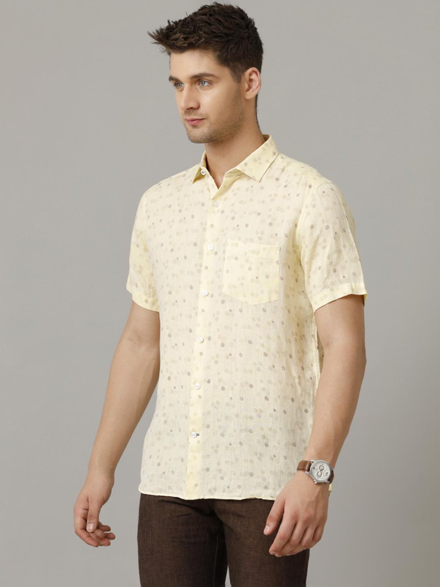 Linen Club Yellow Linen Contemporary Fit Printed Shirt