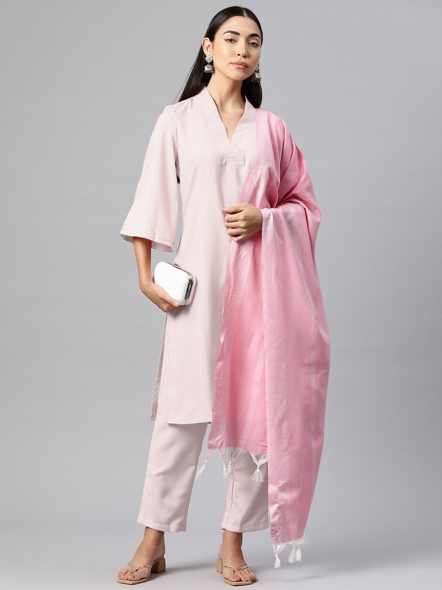 One Femme Pink Cotton Striped Dupatta