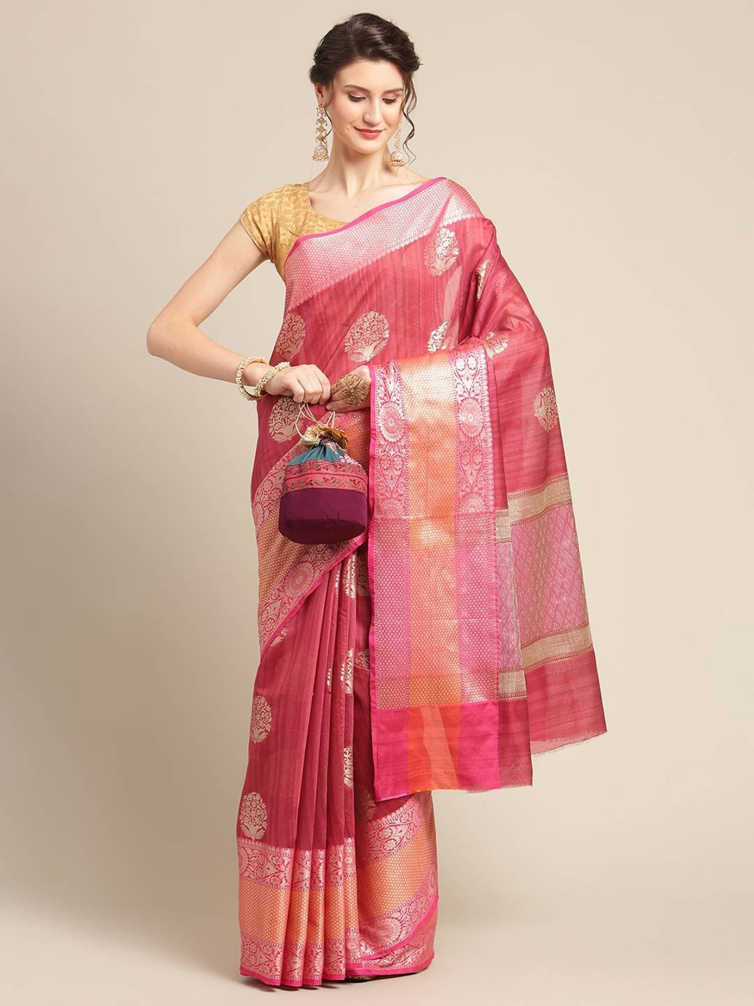 Banarasi Silk Works Strawberry Woven Saree with Blouse