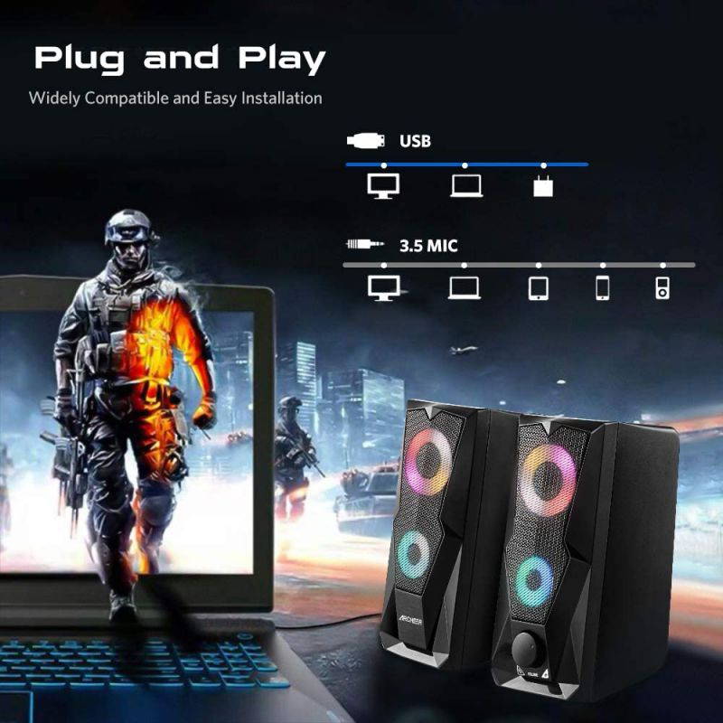Computer Speakers 10W RGB Gaming PC Speaker with Enhanced Stereo Colorful LED Light, Dual-Channel Multimedia USB Powered Gaming Speakers for PC Desktop Laptop Tablet Smartphones.