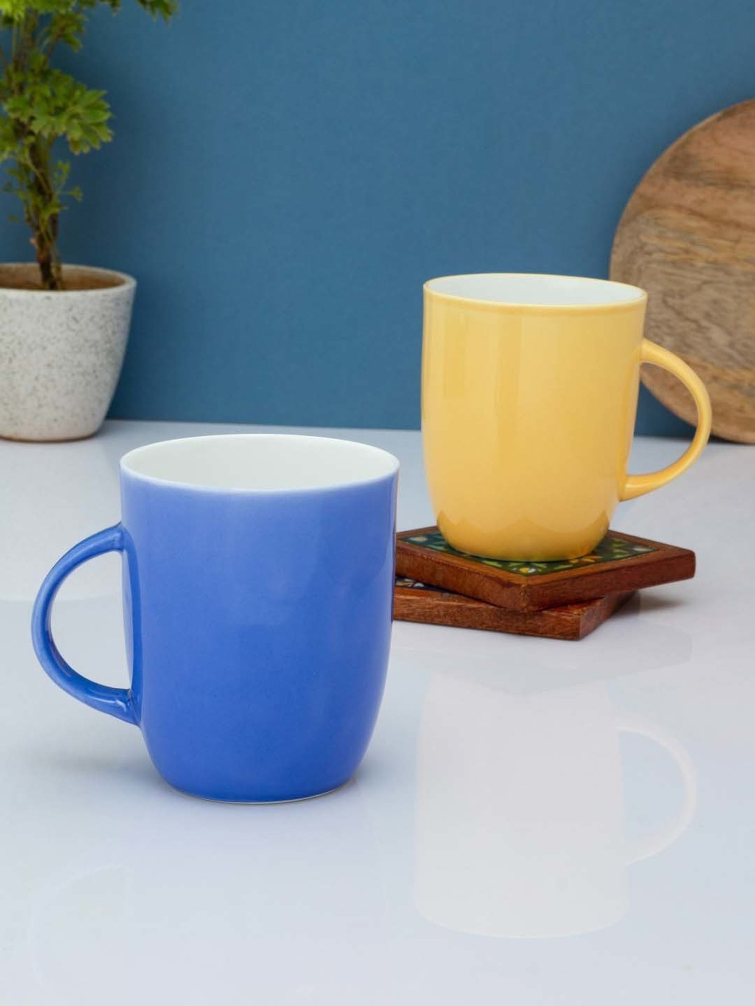Clay Craft Fine Blue & Yellow Ceramic Milk Mug (0.34 L) - Set of 2