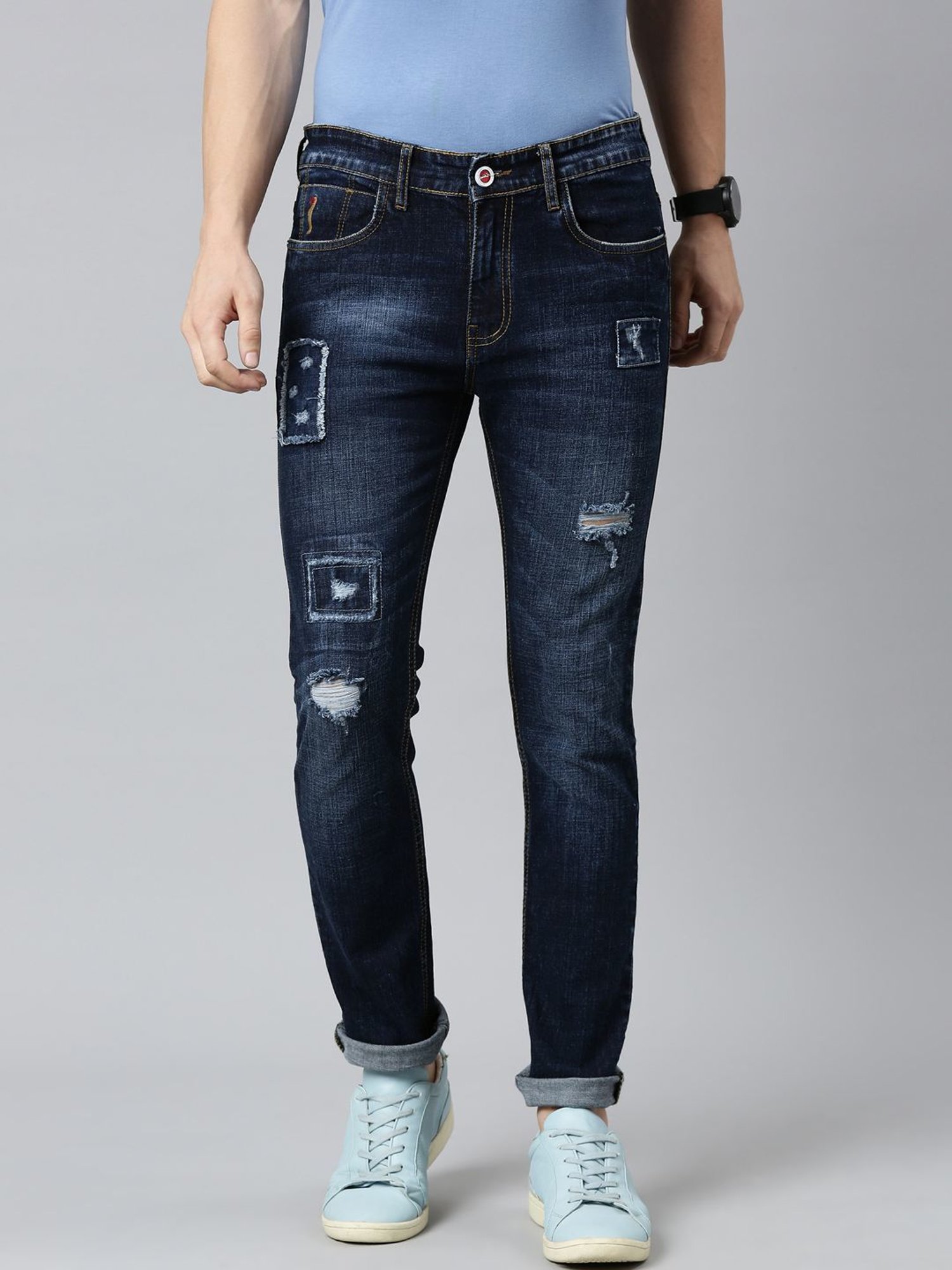 CINOCCI Cobalt Blue Cotton Slim Fit Distressed Jeans