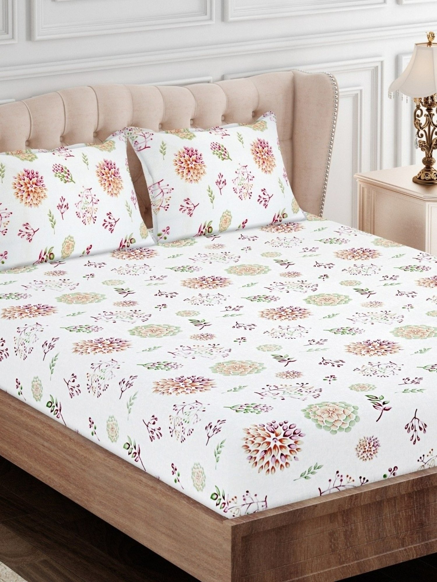 SEJ by Nisha Gupta Floral Green 144 TC Cotton Double Bed Sheet with 2 Pillow Covers