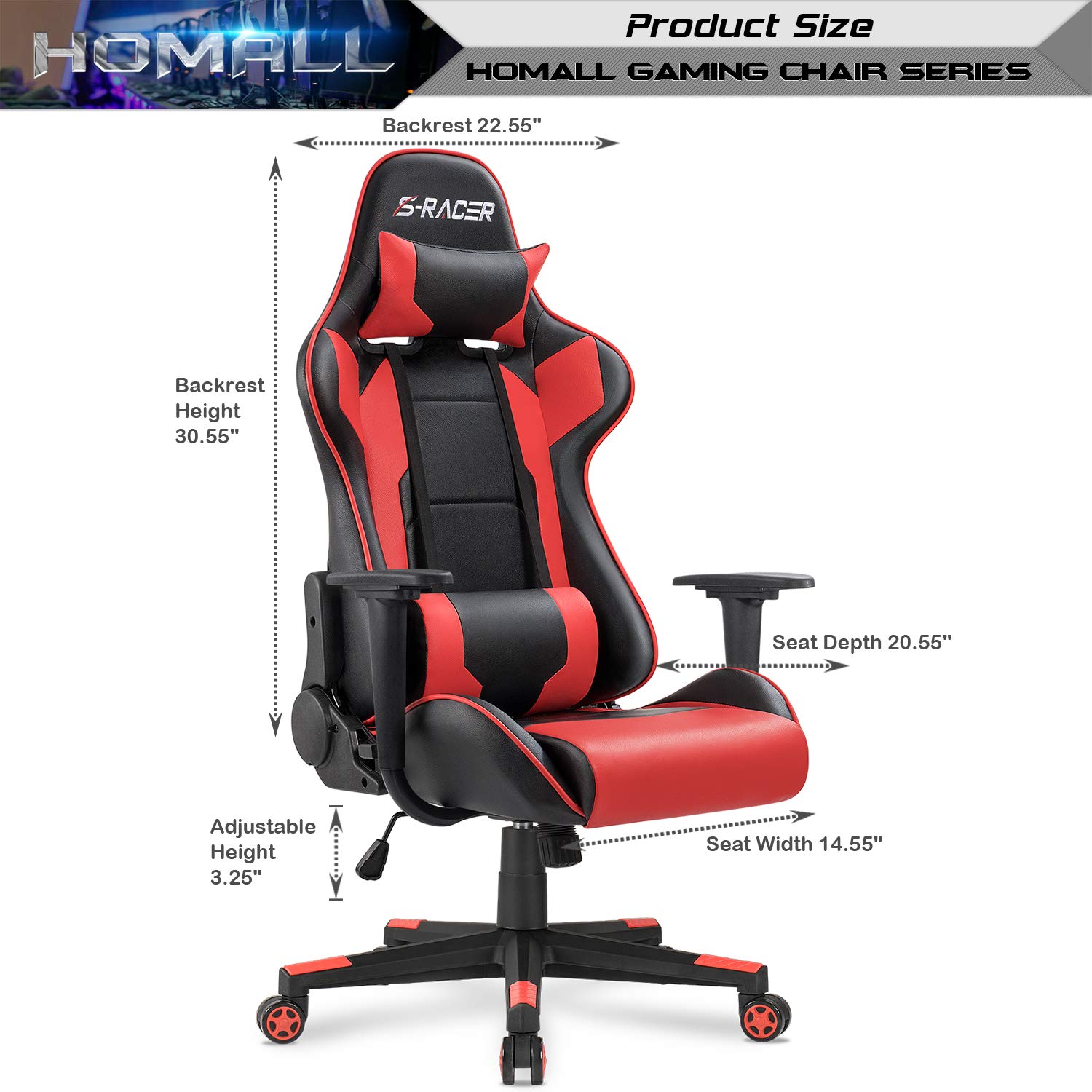 Homall Gaming Chair Office Chair High Back Computer Chair PU Leather Desk Chair Racing Executive Ergonomic Swivel Task Chair, Seat Height Adjustable, with Headrest and Lumbar Support (Blue)