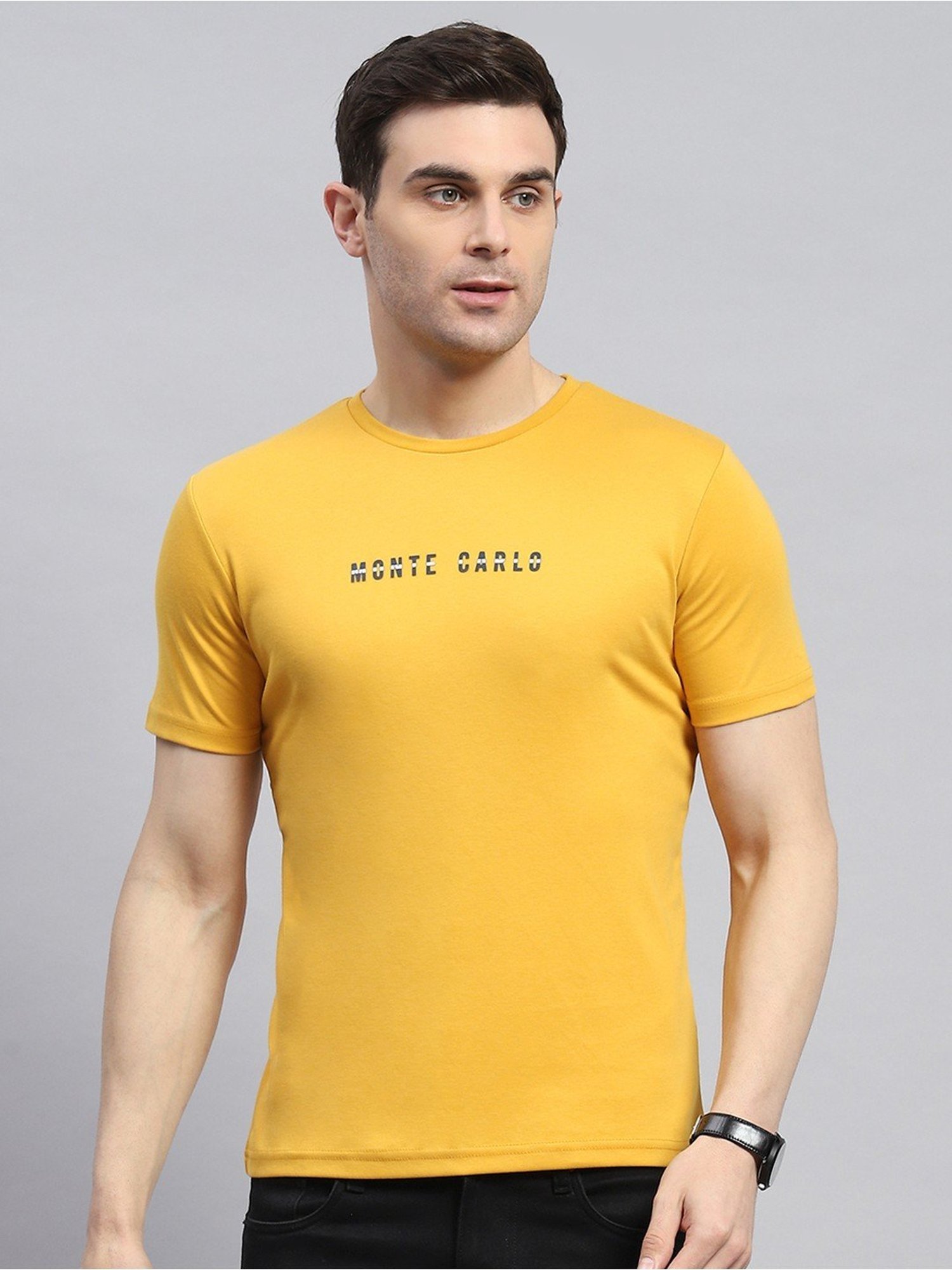 Monte Carlo Mustard Cotton Regular Fit T-Shirt