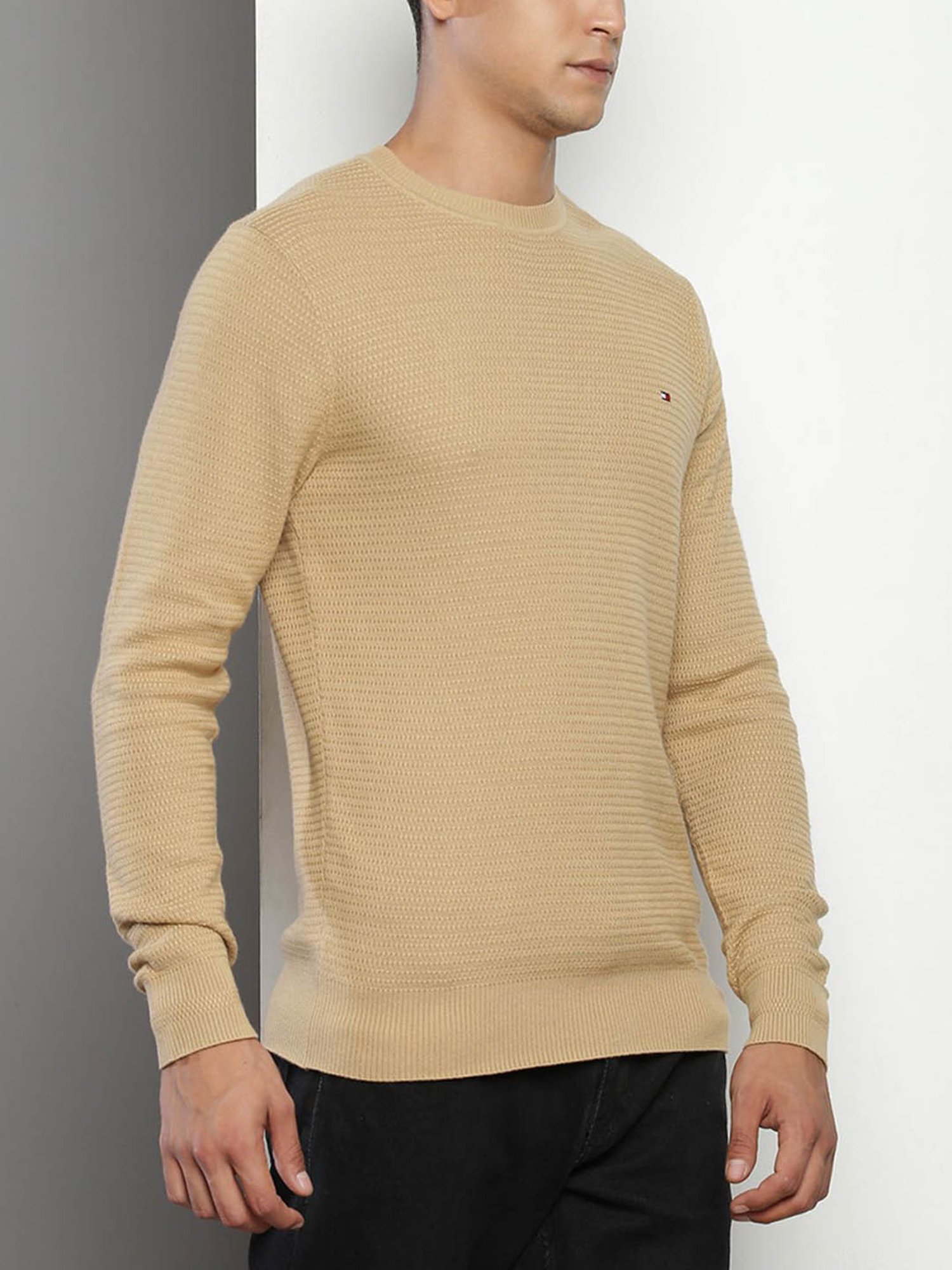 Tommy Hilfiger Beige Cotton Regular Fit Self Pattern Sweater