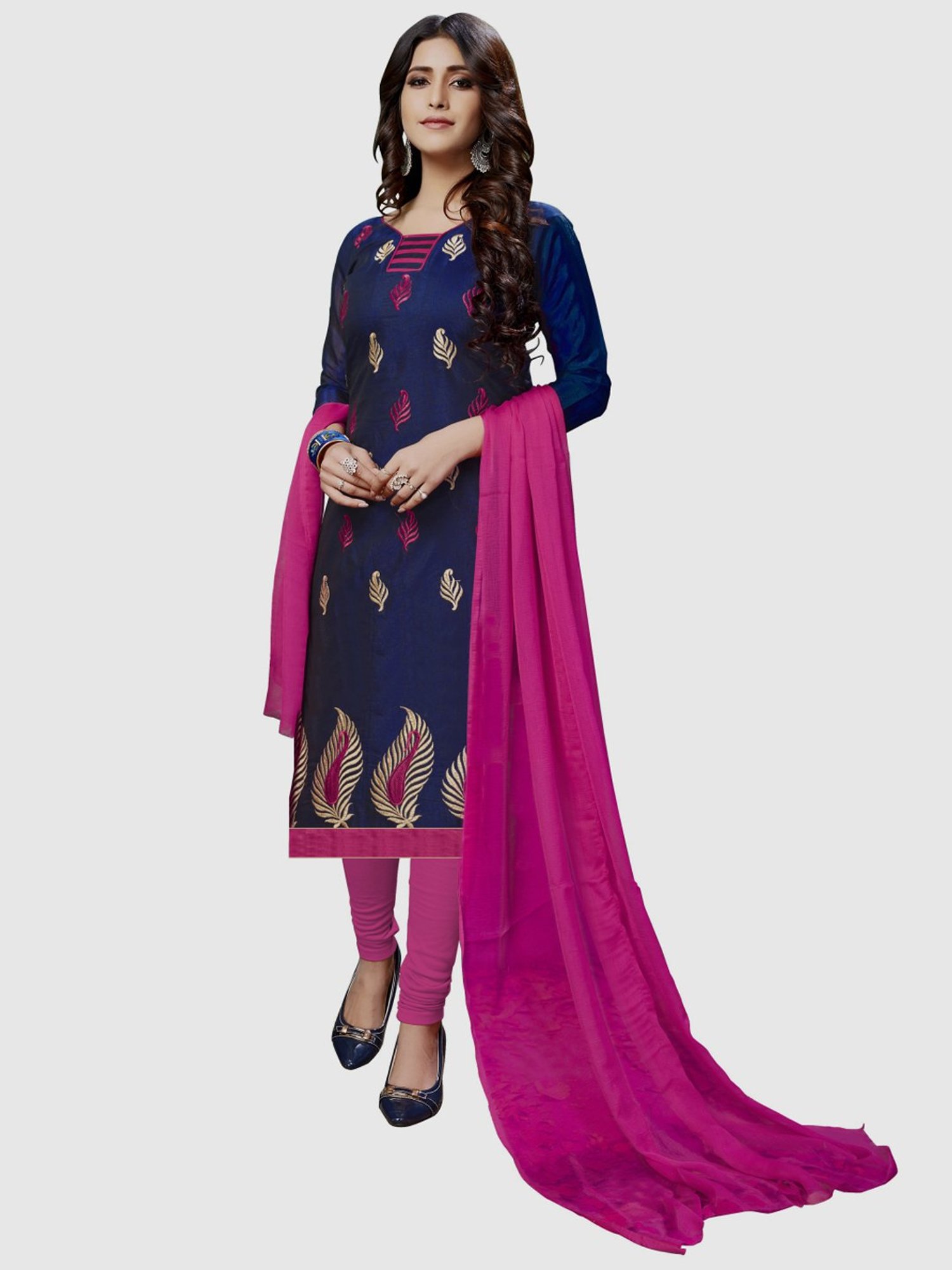 APNISHA Blue & Pink Embroidered Unstitched Dress Material