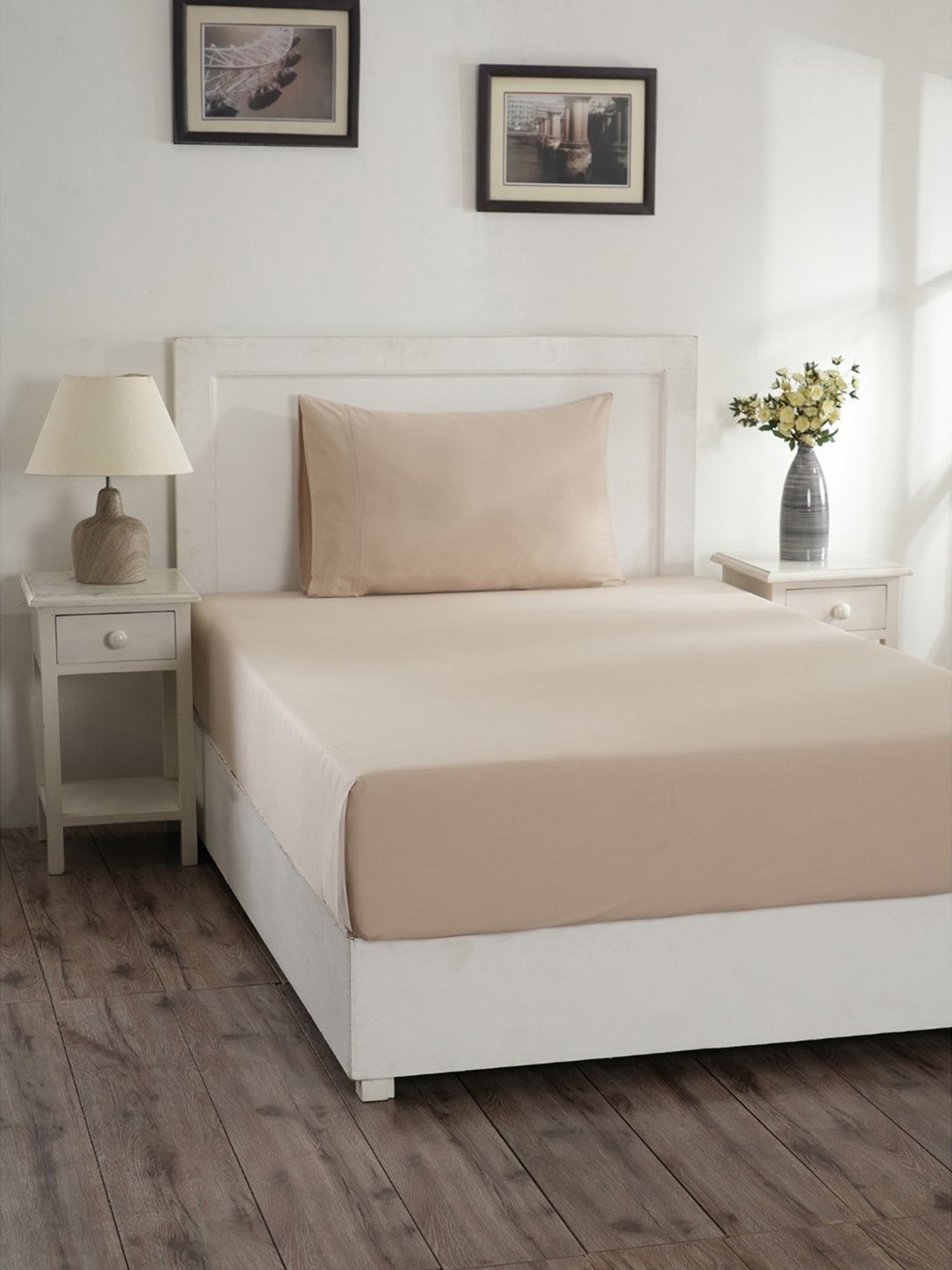 Maspar Colorart Eden Sand Beige 144 TC Cotton Single Bed Sheet With 1 Pillow Cover