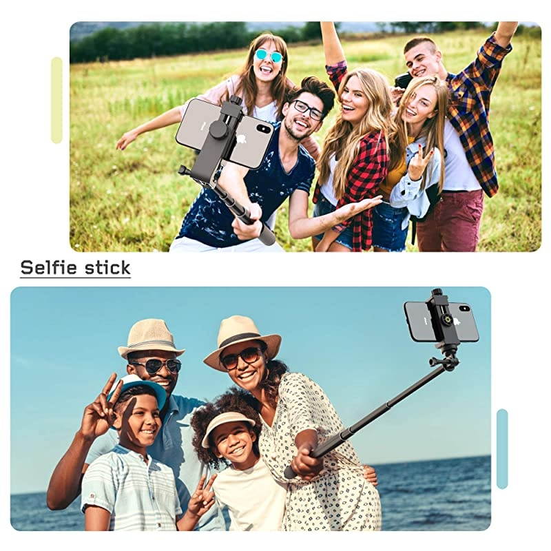 Phone Tripod Mount Adapter with Bluetooth Camera Remote Cell Phone Holder with Adjustable Clamp for Selfie Stick Monopod Compatible with iPhone Samsung and so on Wrist Strap Included