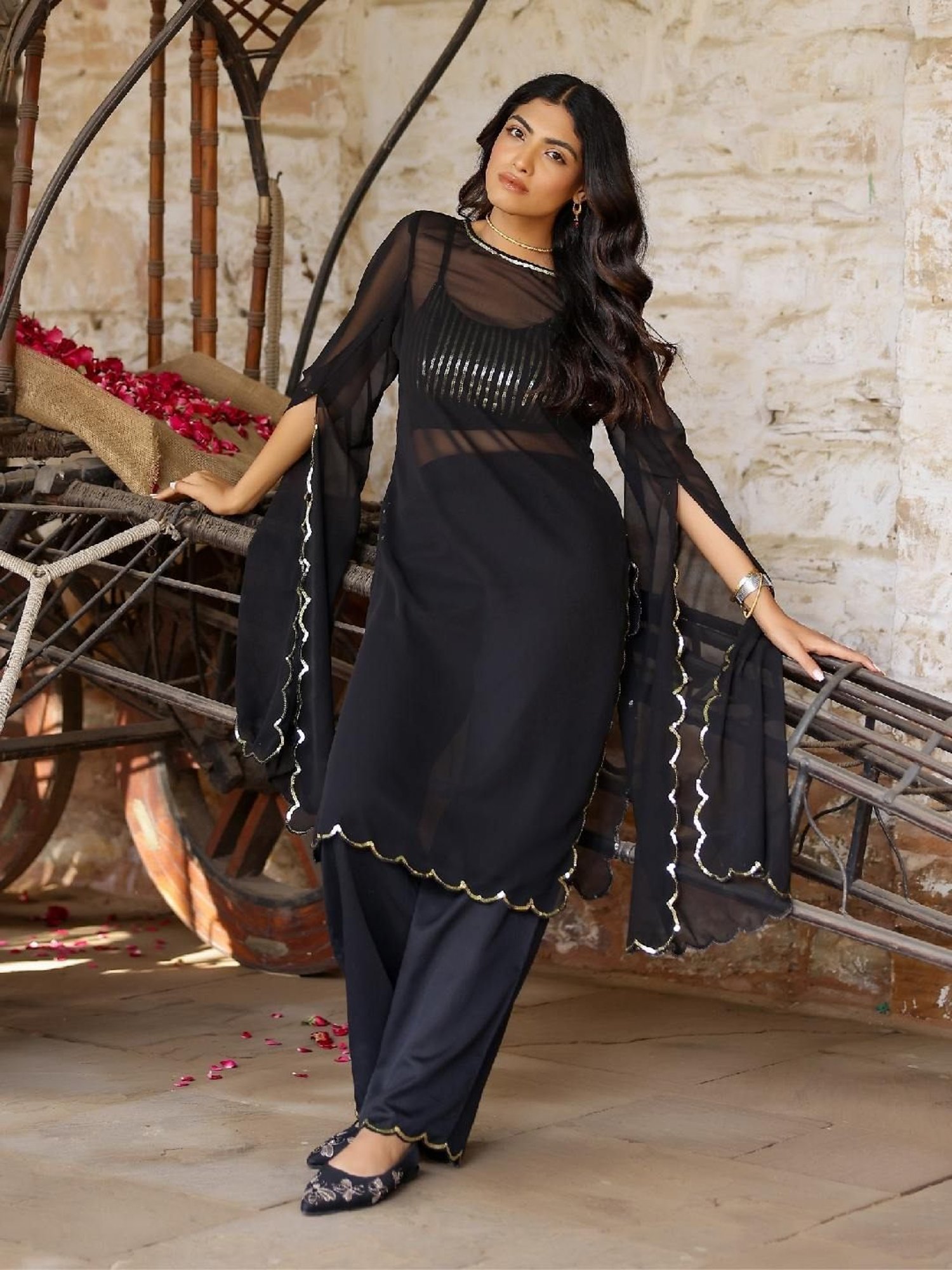 Gulaal Black Sequin Detailed Gorgette Kurta with Bralet and Pant