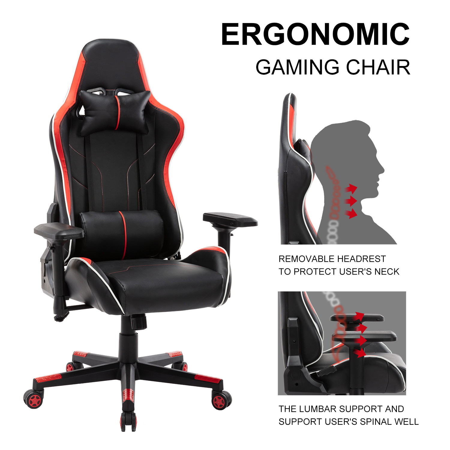 Gaming Chair Ergonomic PU Leather Office Chair High Back Computer Chair Adjustable Back Desk Chair with Adjustable Armrests Headrest and Lumbar Support