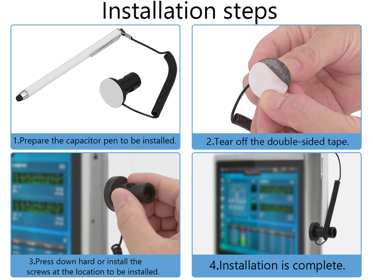 Stylus with chain and holder for touchscreens, capacitive screen device stylus, high reliability touchscreen pen. Sensitivity of the pen is ensured by the use of low-impedance materials