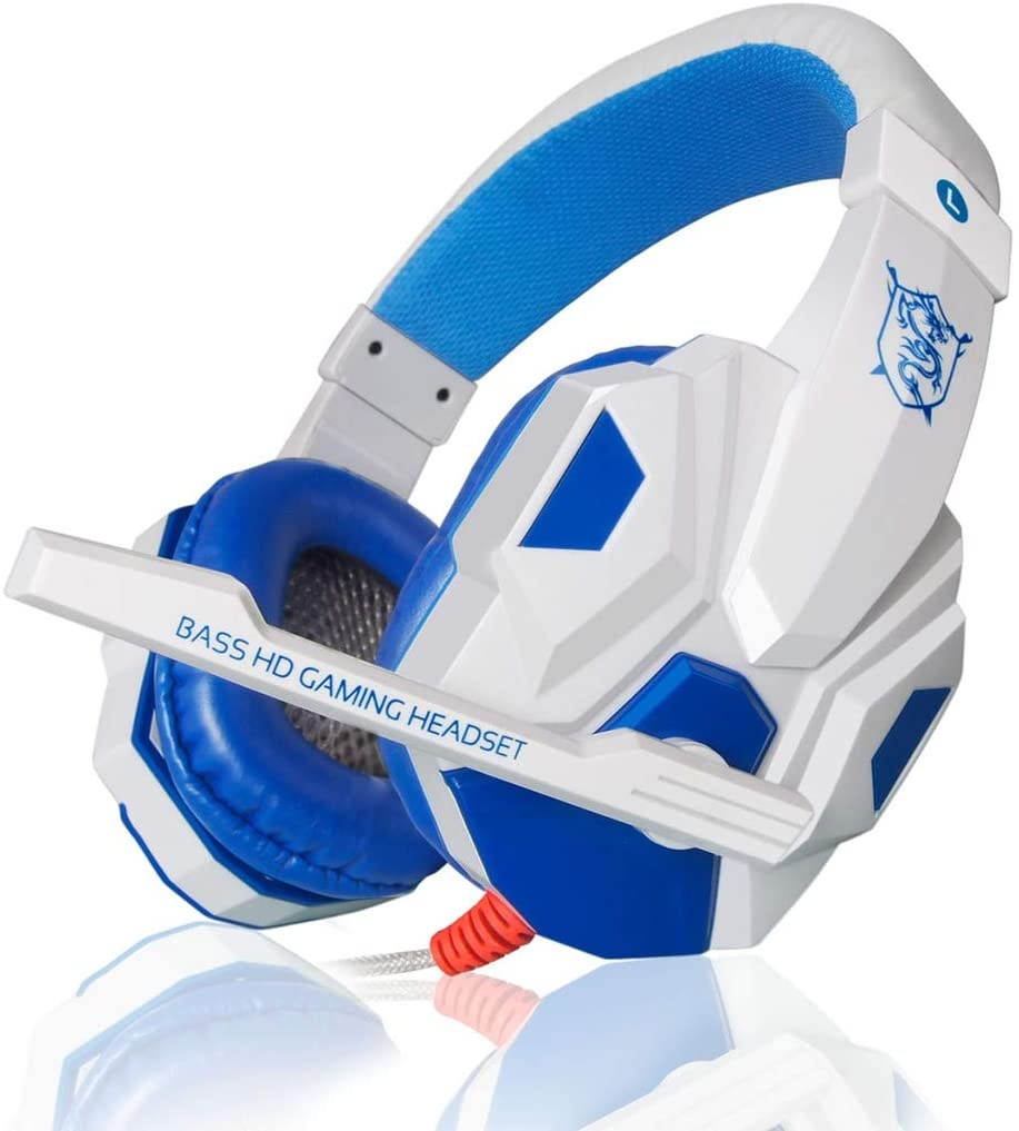 MagiDeal Noise Cancelling Mic Over Ears Gaming Headphones with Mic Stereo for Gamer - White and Blue