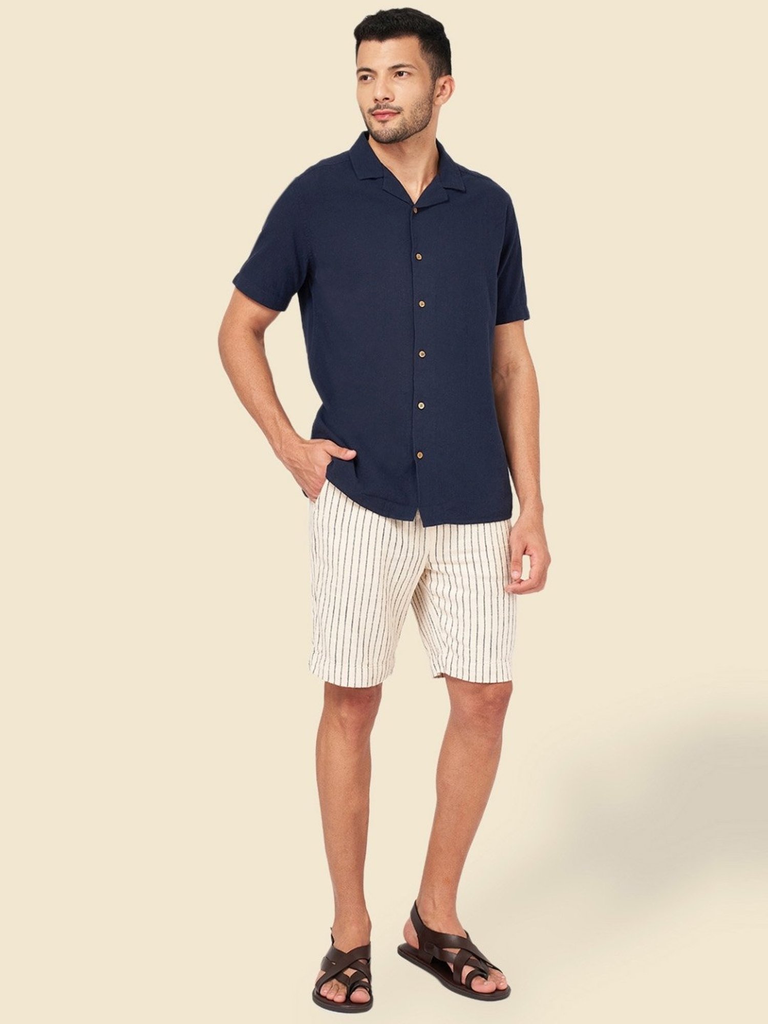 7 Alt by Pantaloons Off White Cotton Slim Fit Striped Shorts