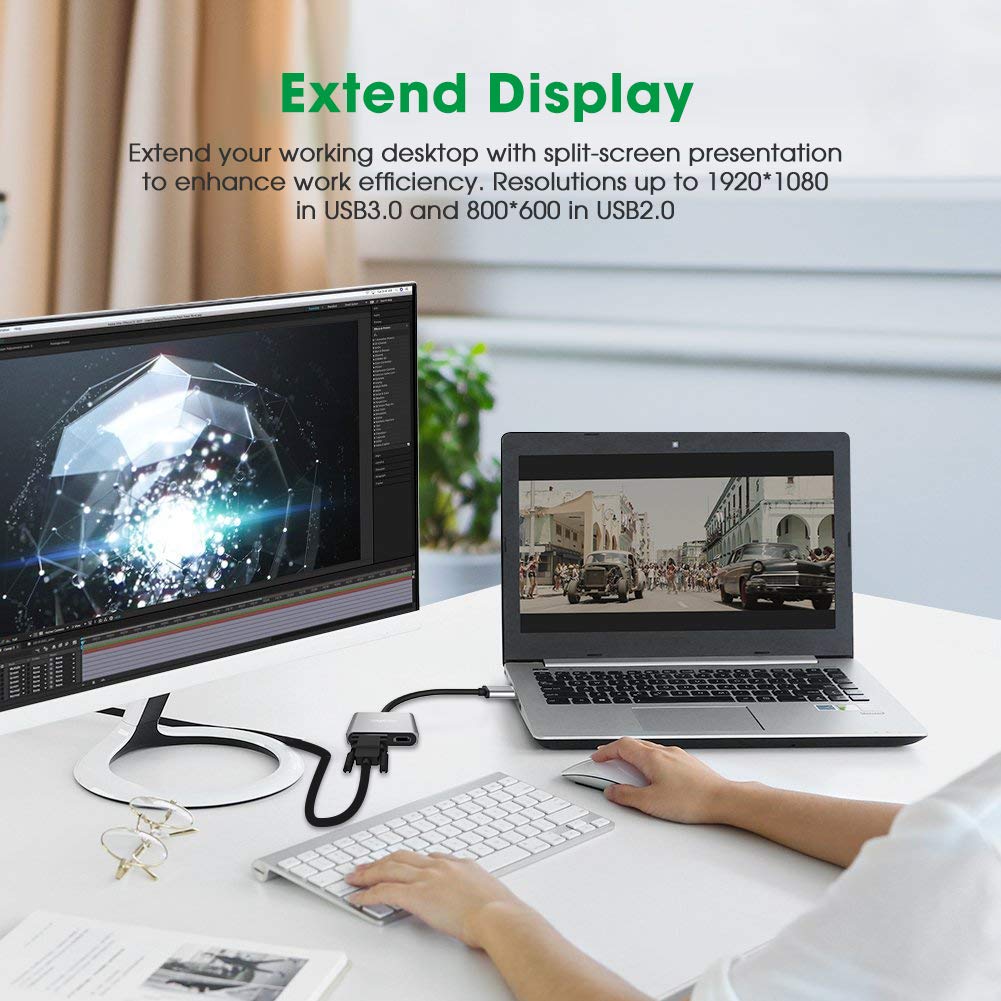 2 in 1 USB 3.0 to HDMI VGA Adapter 1080P,  Built-in Driver,  Support HDMI VGA Sync Output for Windows 10 / 8 / 7 Only, NOT Mac OS / Linux / Vista, USB to HDMI VGA HUB.