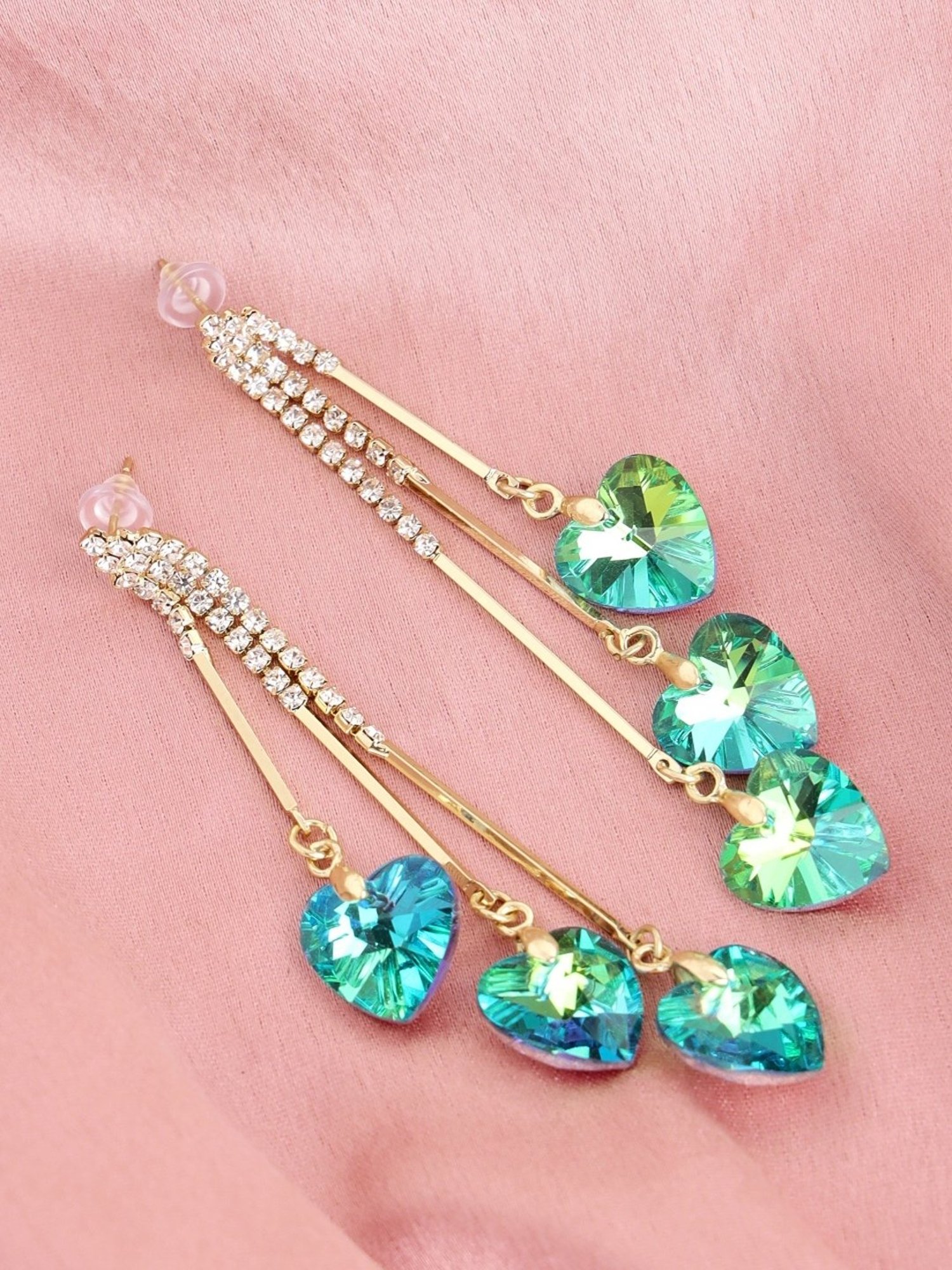 Prita by Priyaasi Green Triple Heart Tassel Studded Gold-Plated Dangler Earrings