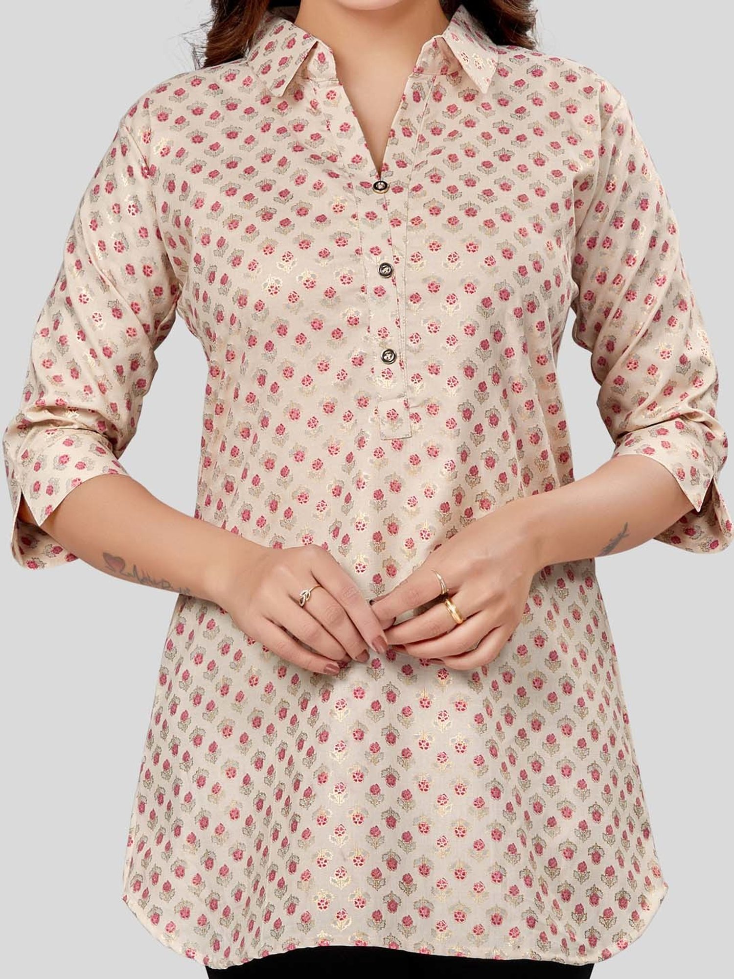 Saree Swarg Beige Printed Short Kurti