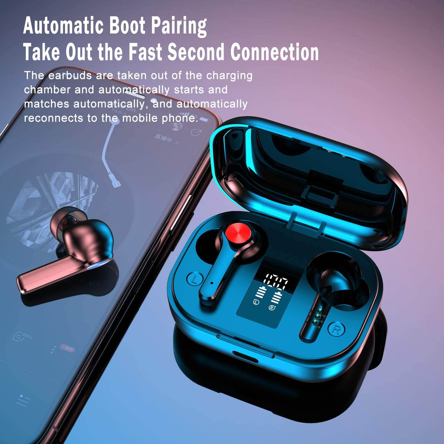 Ture Wireless Earbuds, Bluetooth 5.0 Headphones in-Ear with Charging Case, Waterproof Deep Bass TWS Stereo Earphones Built-in Mic with LED Display Touch Control Compatible with iPhone and Android