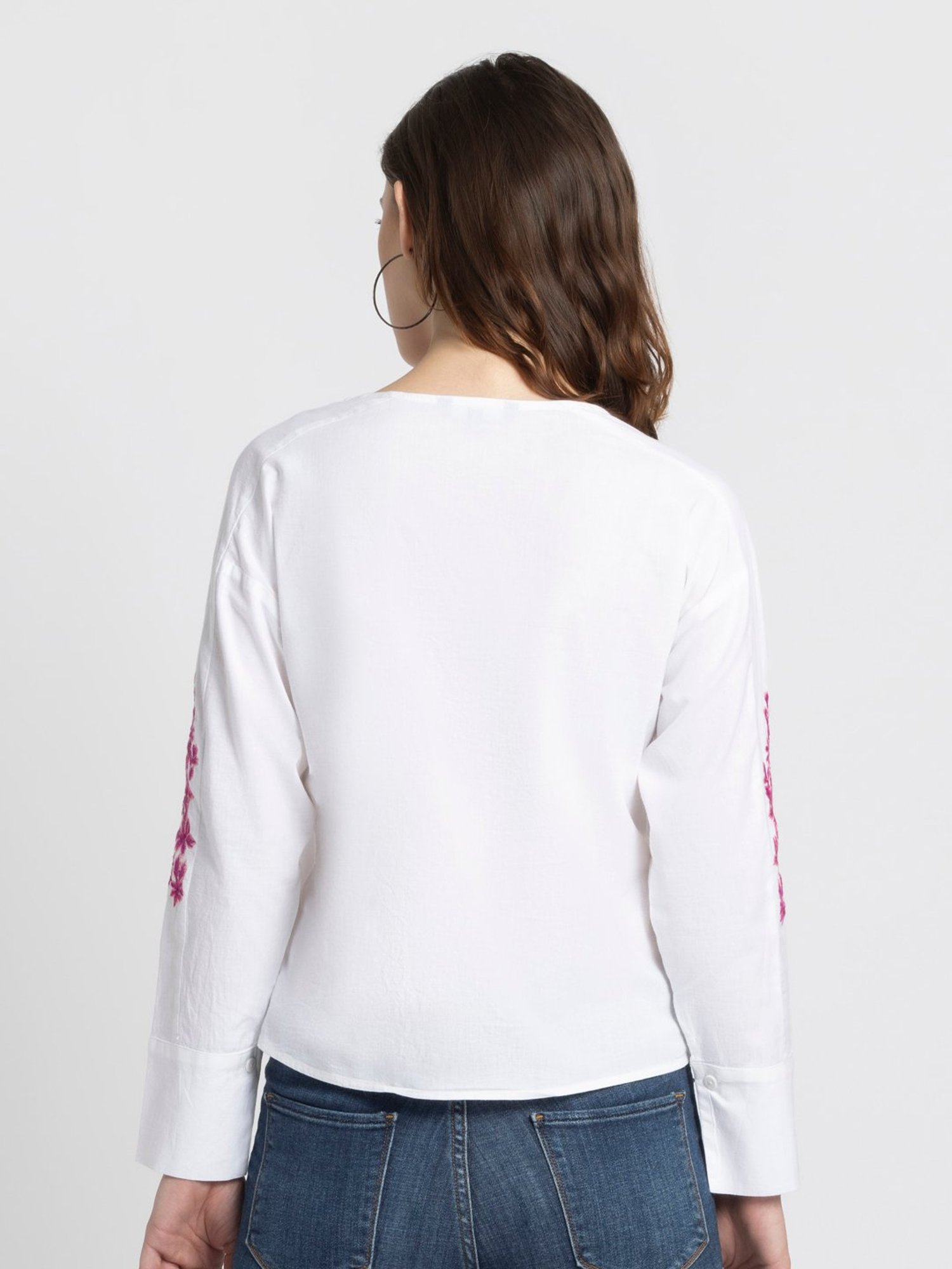 SHAYE White & Pink Cotton Embroidered Top