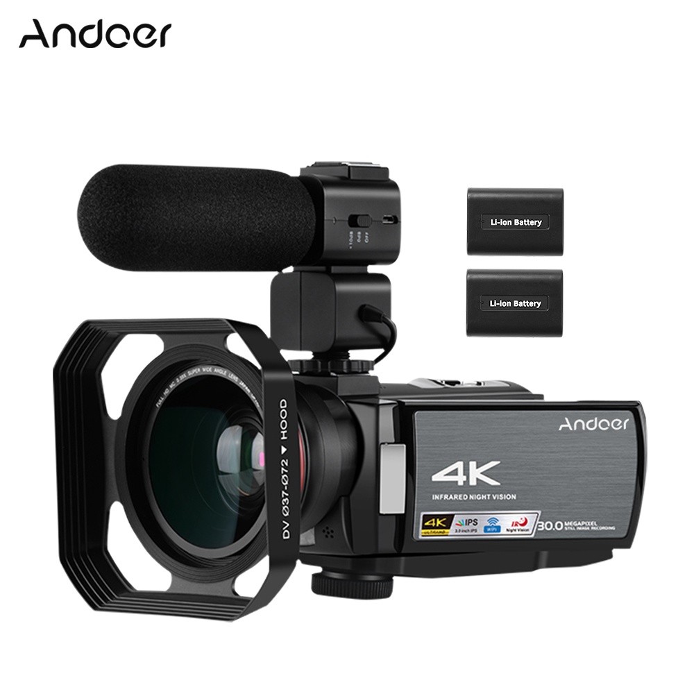 Andoer HDR-AE8 4K WiFi Digital Video Camera Camcorder DV Recorder 30MP 16X Digital Zoom IR Night Vision 3 Inch IPS LCD Touchscreen with 2pcs Rechargeable Batteries + Extra 0.39X Wide Angle Lens +