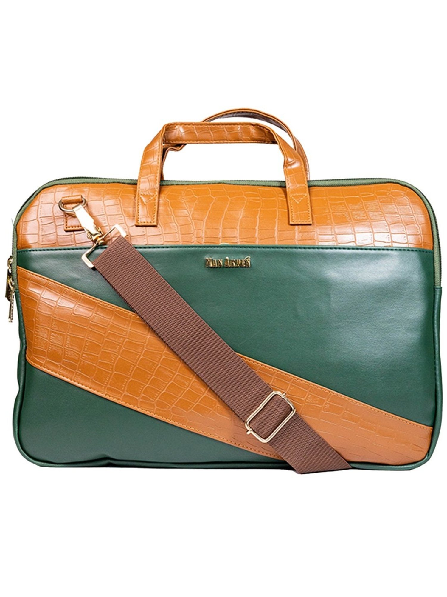 Man Arden Green & Tan Animal Effect 14 inch Medium Leather Laptop Bag