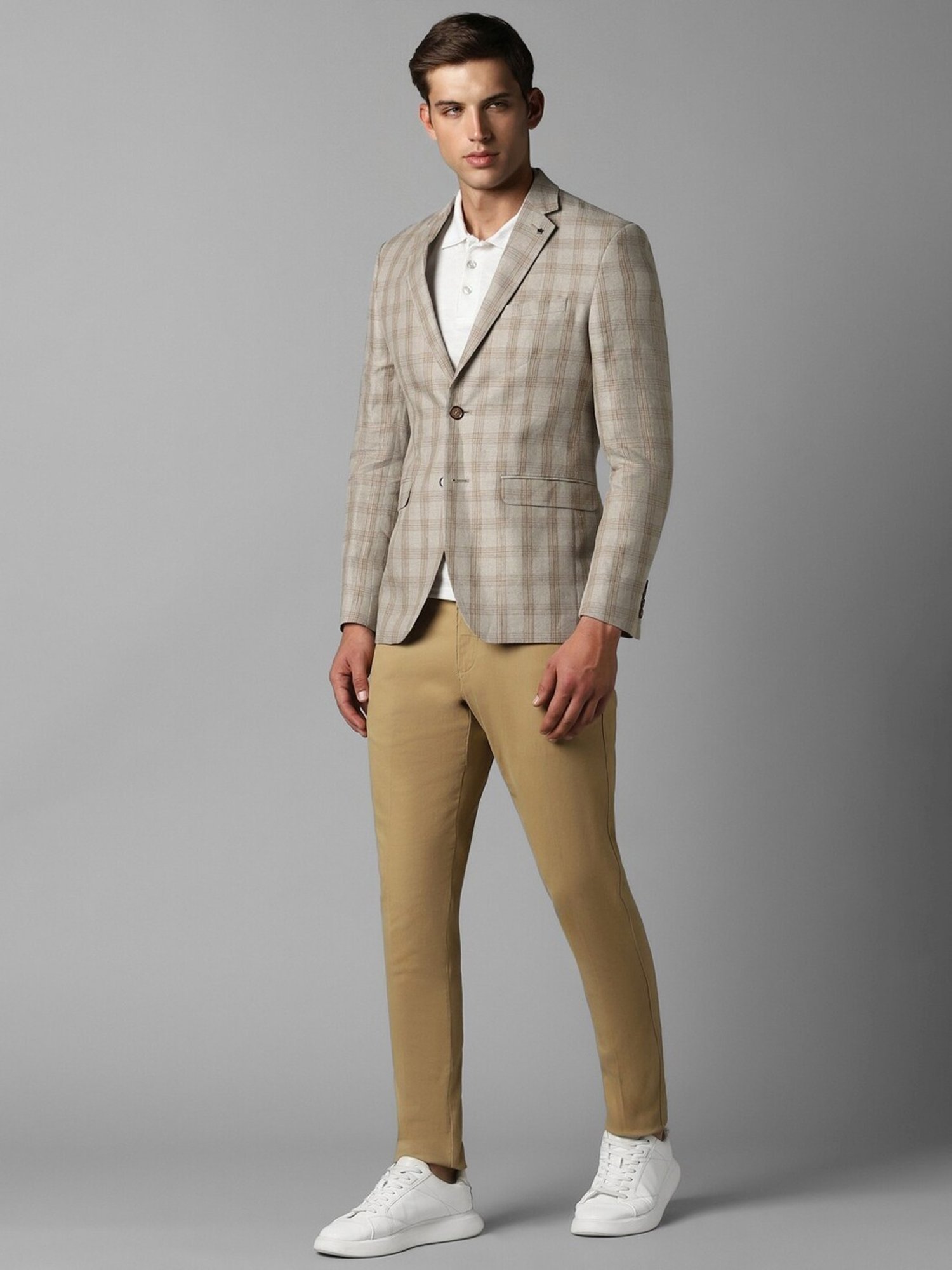 Louis Philippe Beige Linen Slim Fit Checks Blazer