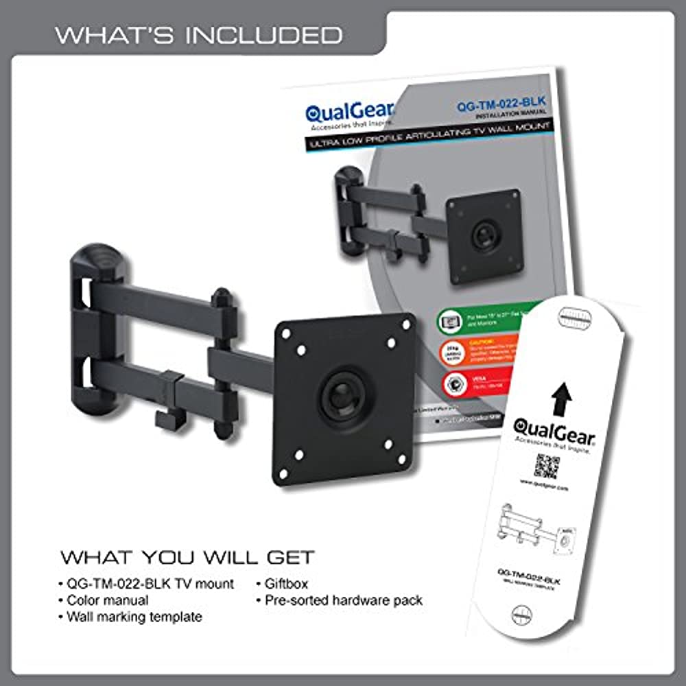 QualGear&reg; QG-TM-022-BLK Articulating TV Wall Mount 15-27 Inch, Black