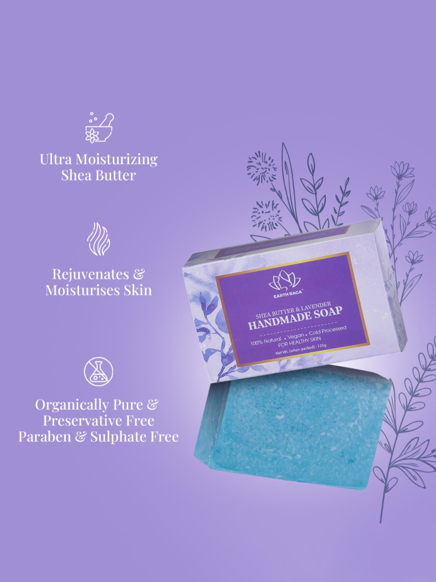 Earthraga Shea Butter & Lavender Handmade Soap - 125 gm