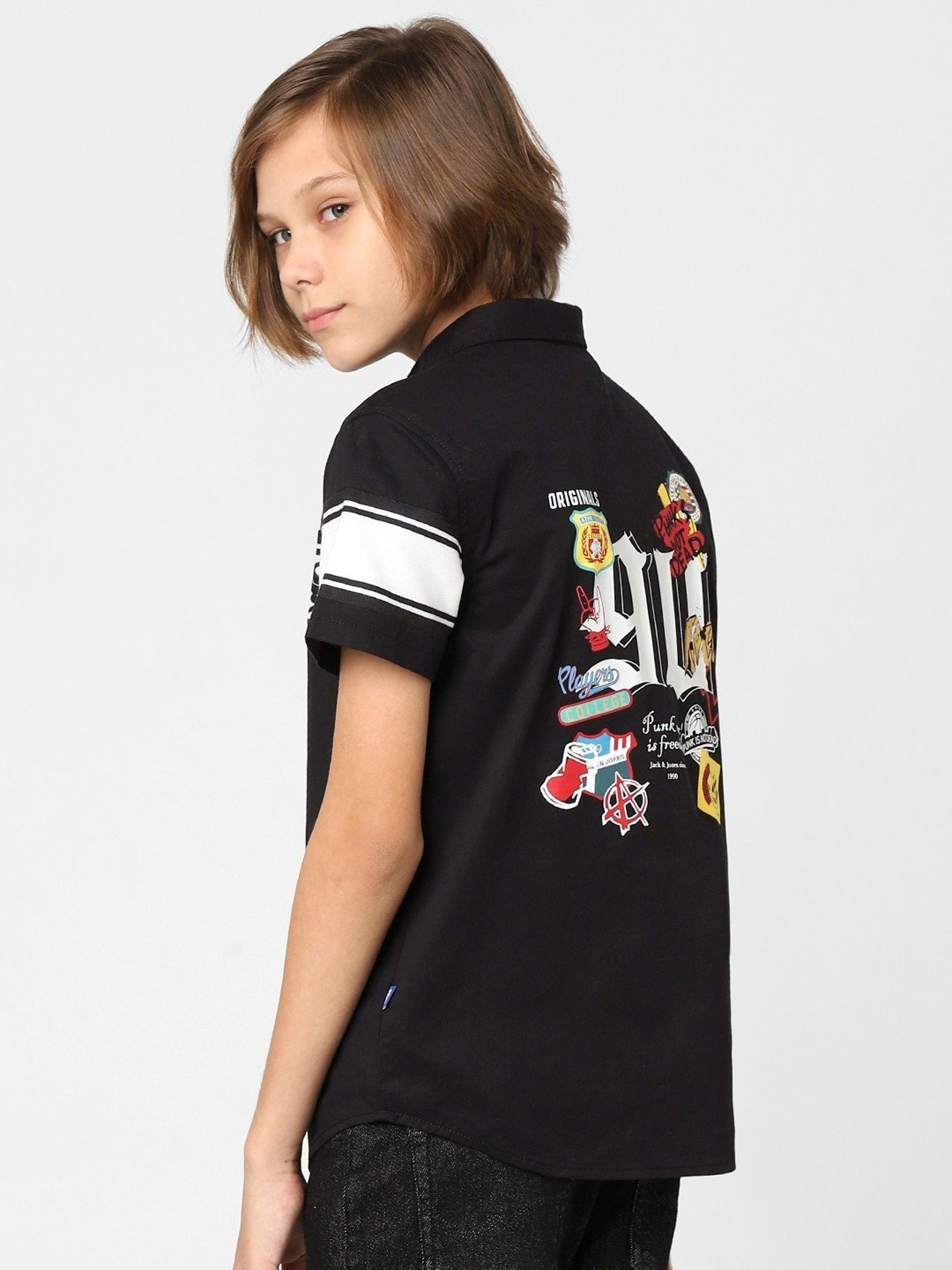 Jack & Jones Junior Black & White Cotton Printed Shirt