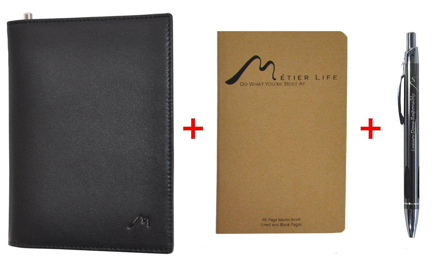 Field Notes/Moleskine Pocket Notebook Cover by Metier Life | Canvas with Vegan Leather | Fits Journals 3.5" X 5.5" | With Included Metier Life Notebook and Metier Pen (Vegan Leather Black)