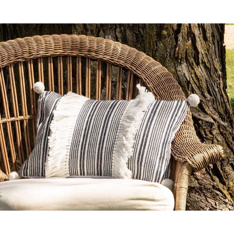 Blue Striped Hand Woven 14x22" Outdoor Decorative Throw Pillow with Hand Tied Tassels and Pom Poms - Foreside Home & Garden