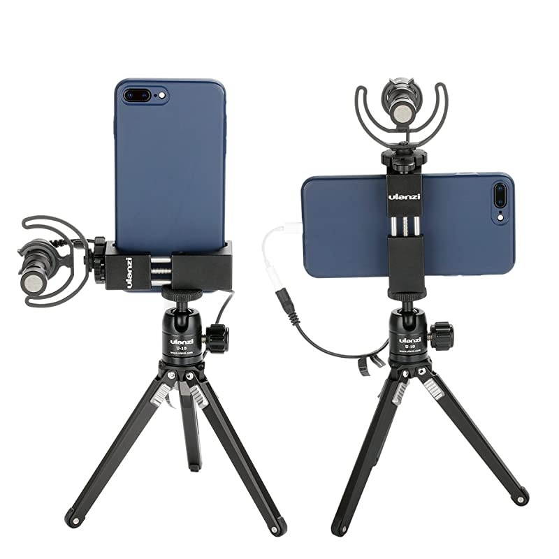 ST02S Aluminum Phone Tripod Mount w Cold Shoe Mount Support Vertical and Horizontal Universal Metal Adjustable Clamp for iPhone 10 Pro Max XS Xs Max X 8 7 Plus Samsung Android Smartphones