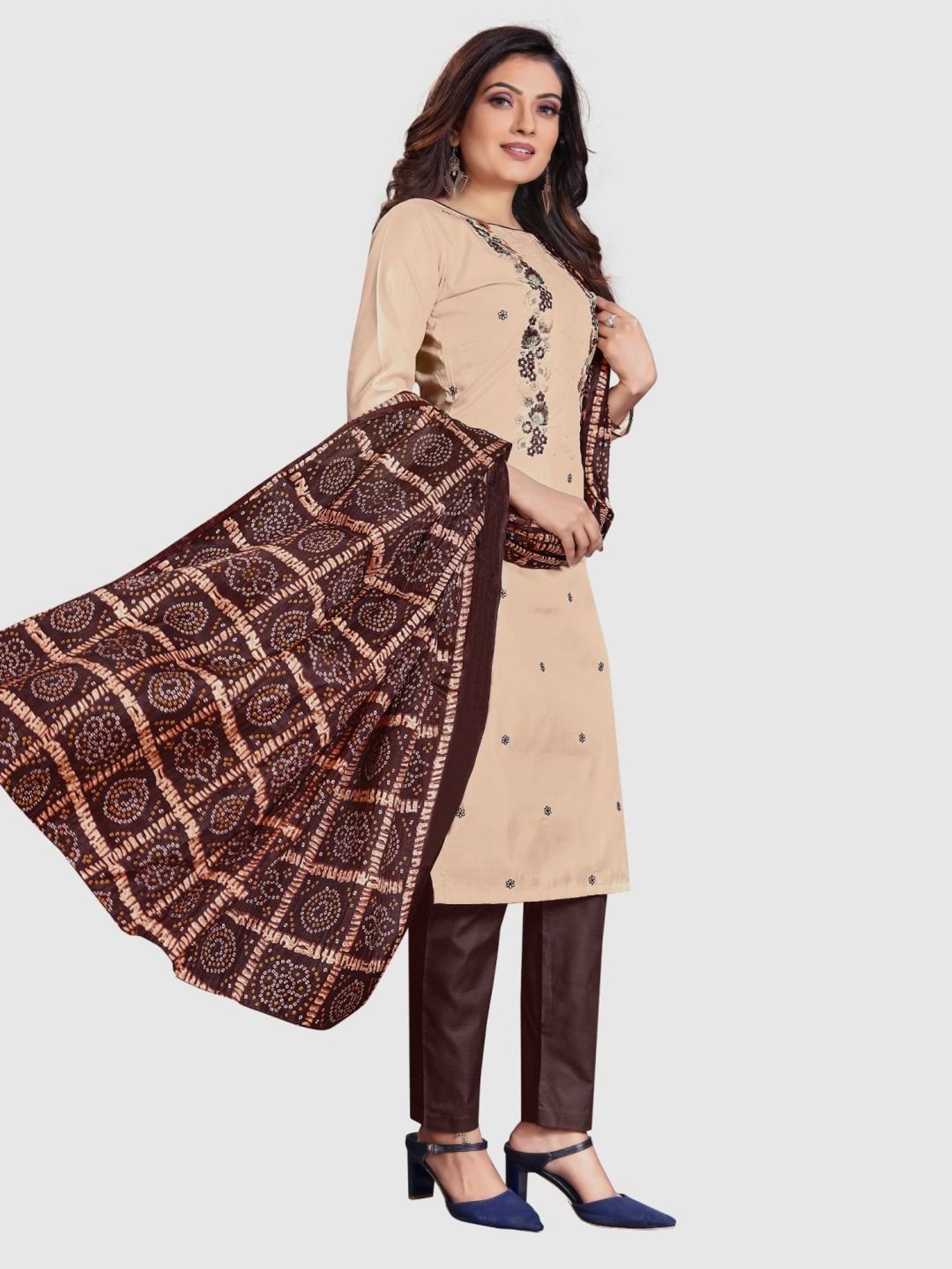 APNISHA Beige Embroidered Unstitched Dress Material