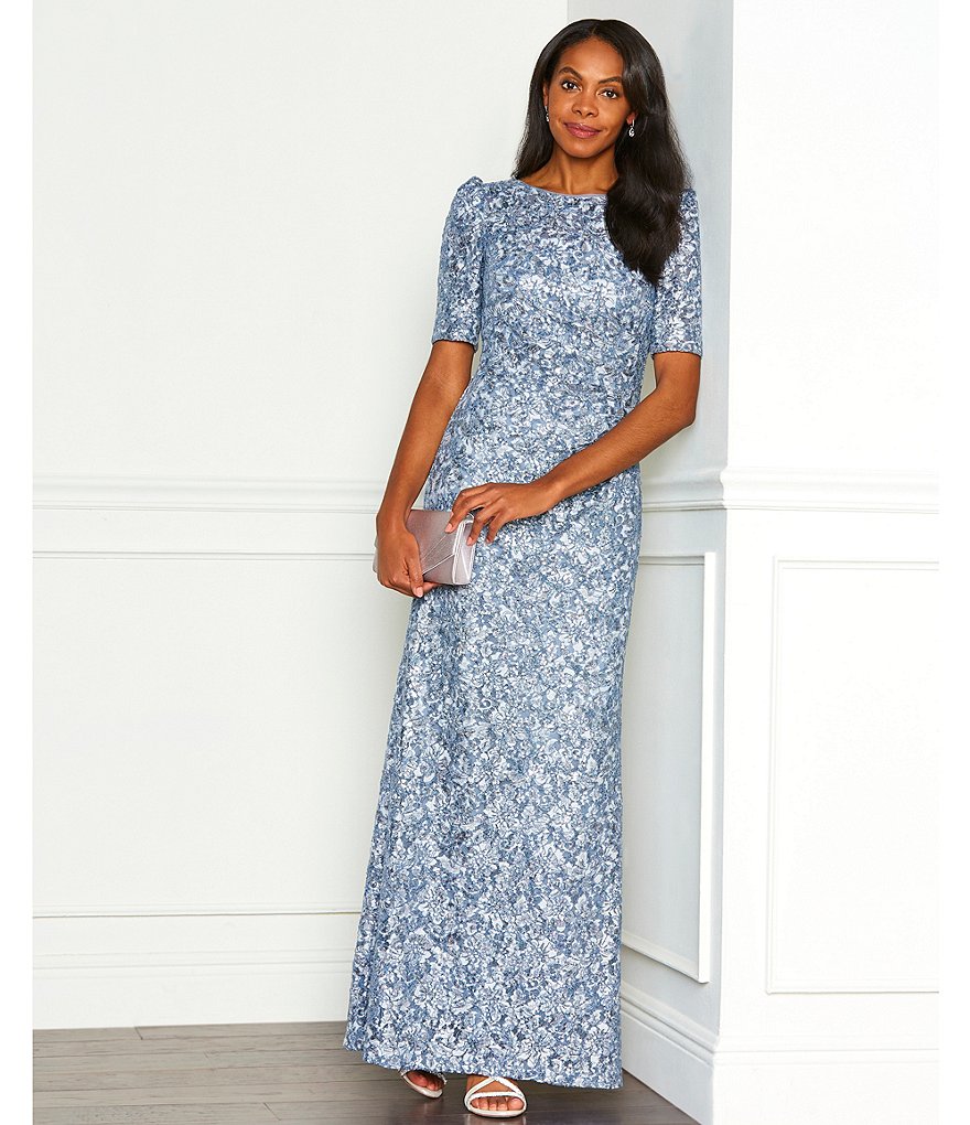 Xscape Short Ruched Puff Shoulder Boat Neck Gown