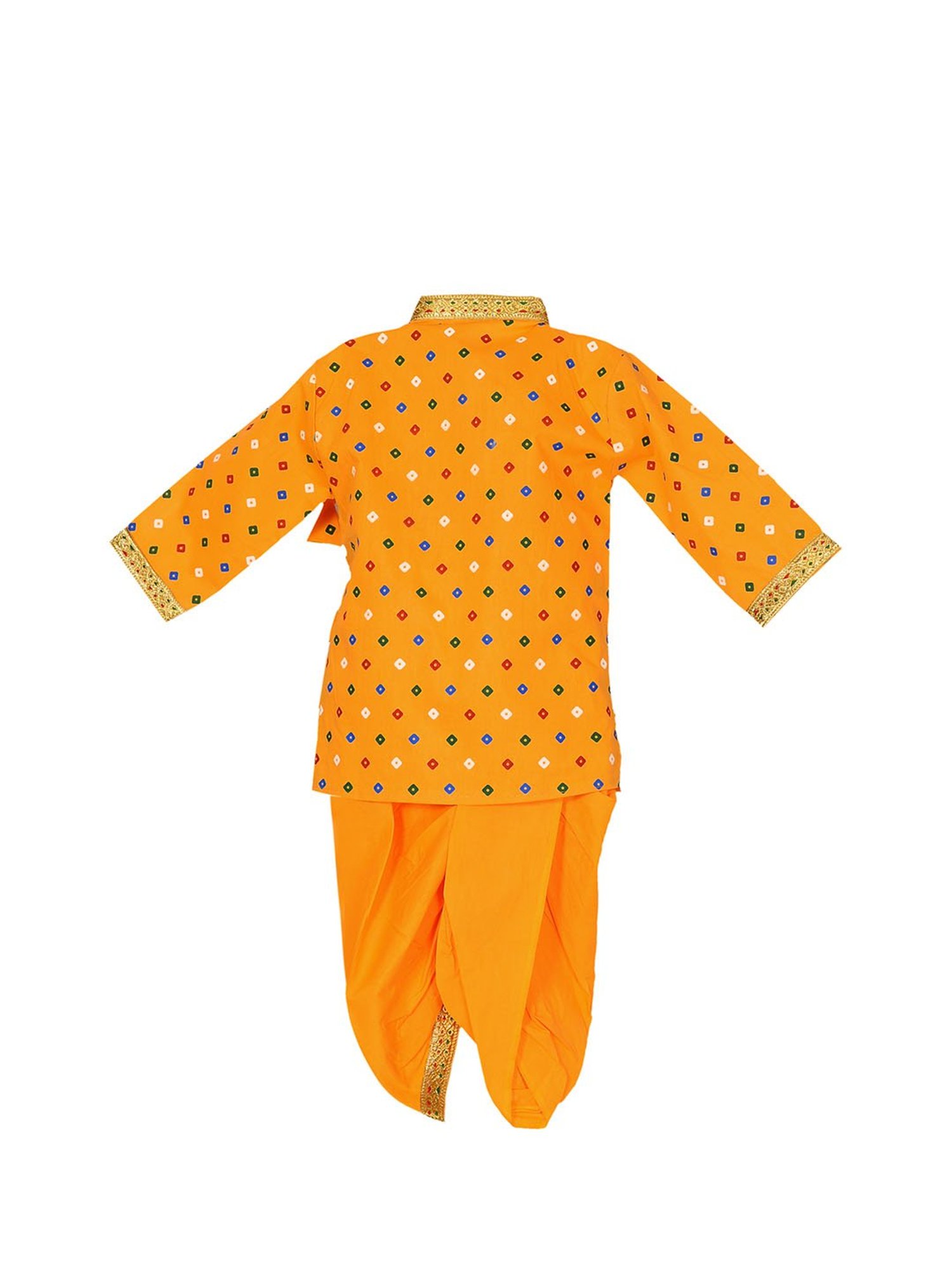 Ahhaaaa Kids Orange Embroidered Kurta, Dhoti, Pagri with Flute