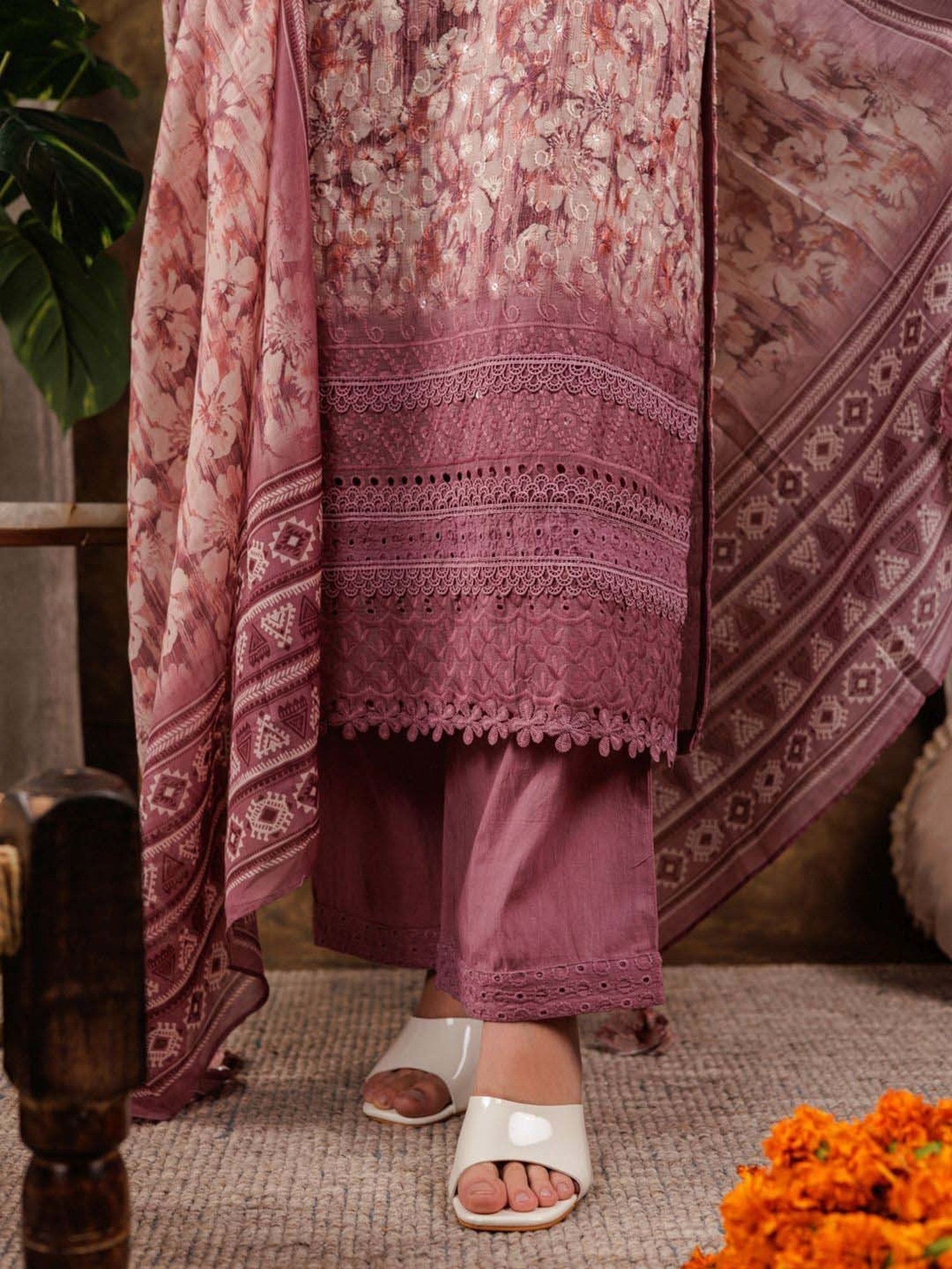 Yufta Purple Cotton Printed Kurta Pant Set With Dupatta