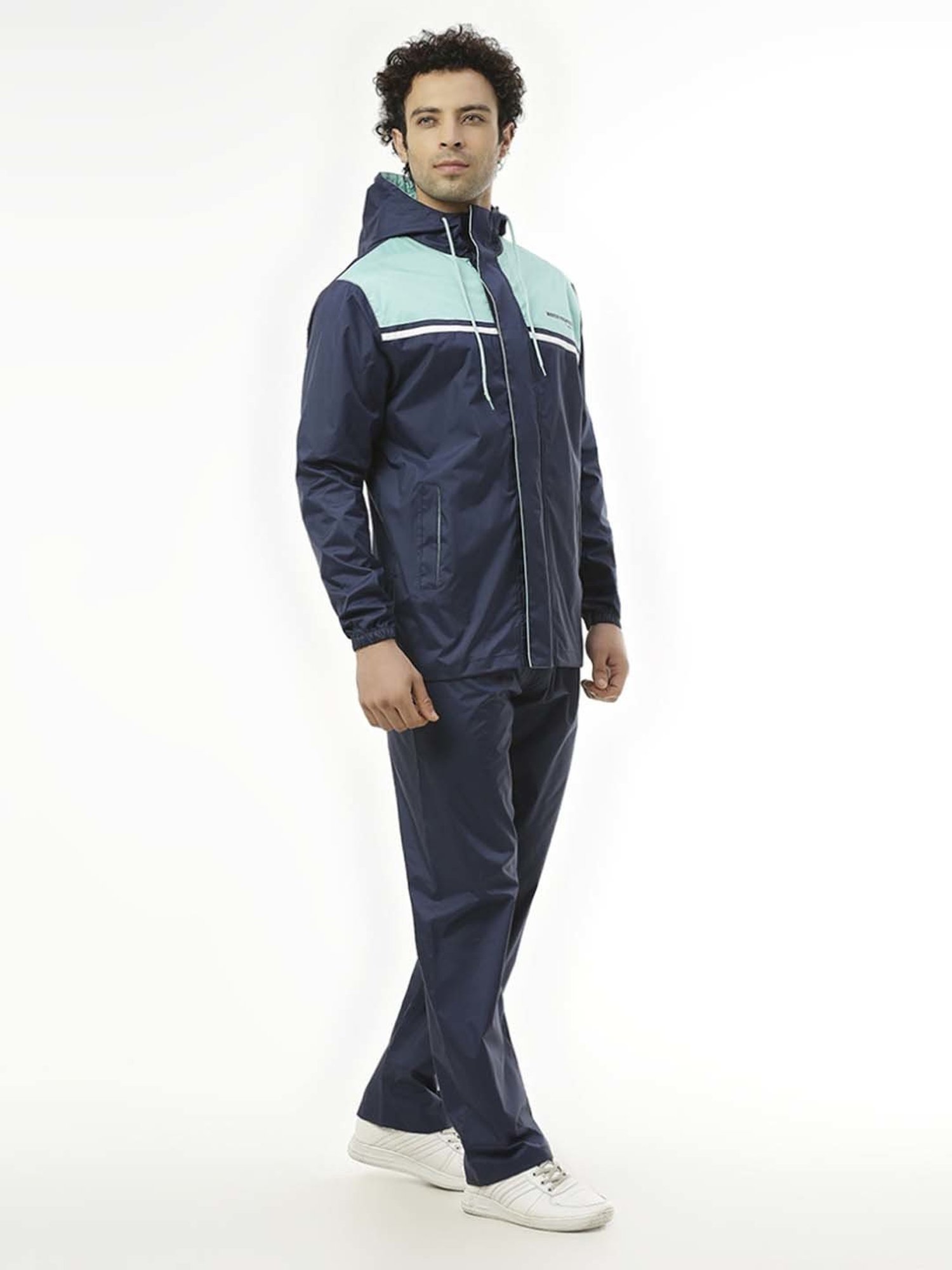 Zeel Navy & Green Colour-Block Rainwear Jacket