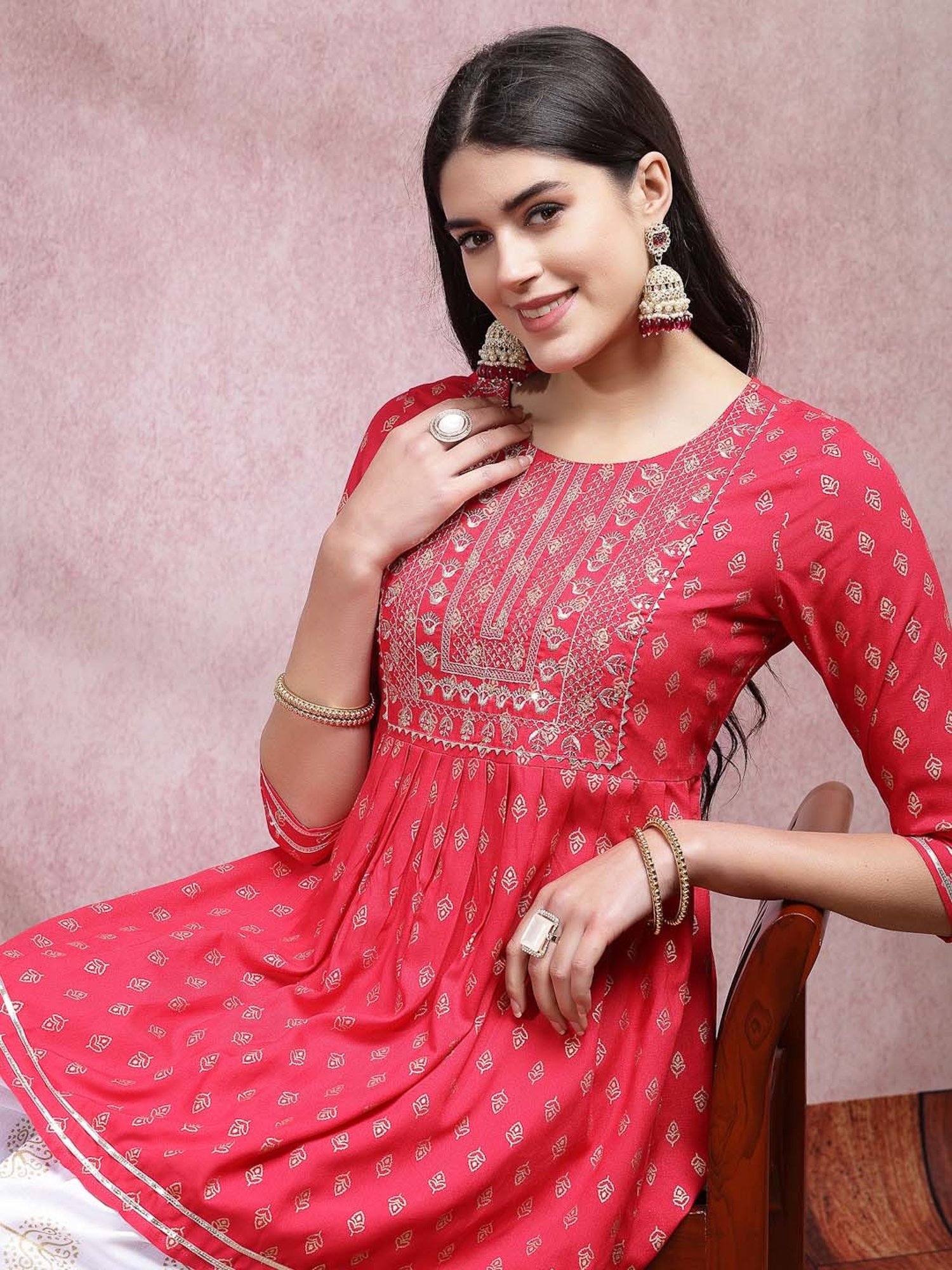 Stylum Pink & White Embroidered Kurti Dhoti Pant Set