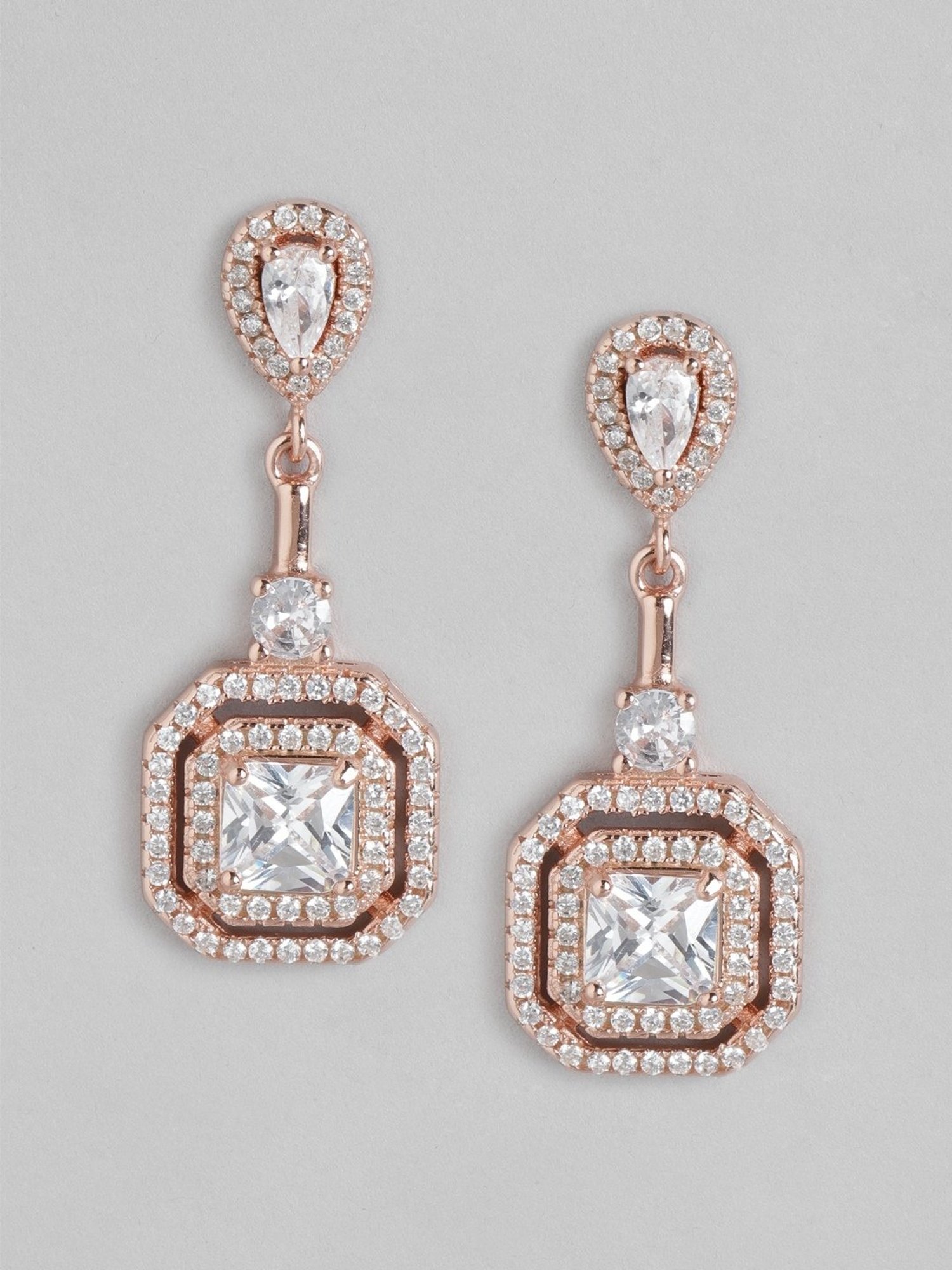 Zavya 92.5 Sterling Silver Golden Radiance Square Cubic Zirconia Drop Earrings for Women