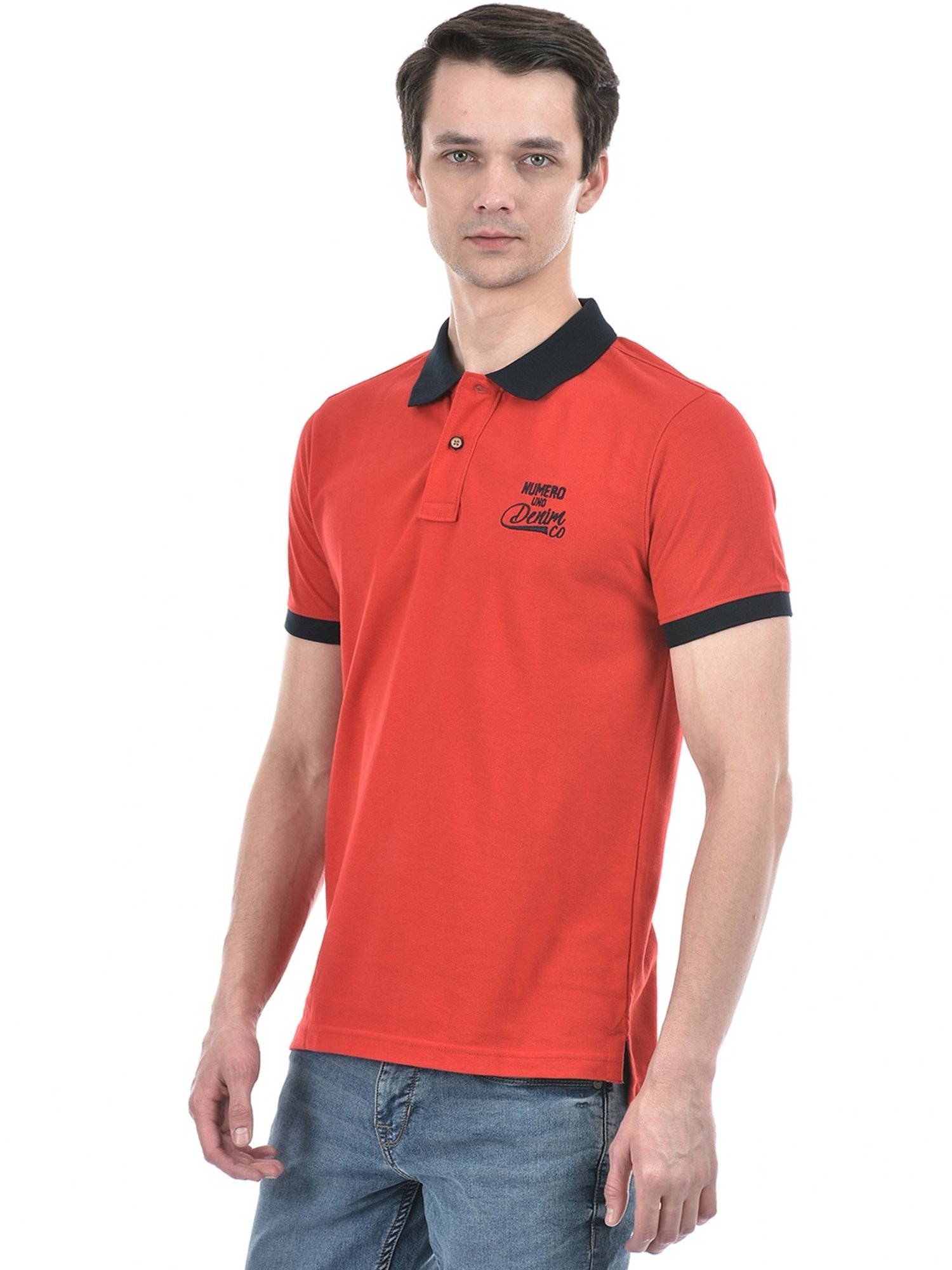 Numero Uno Red Cotton Slim Fit Polo T-Shirt
