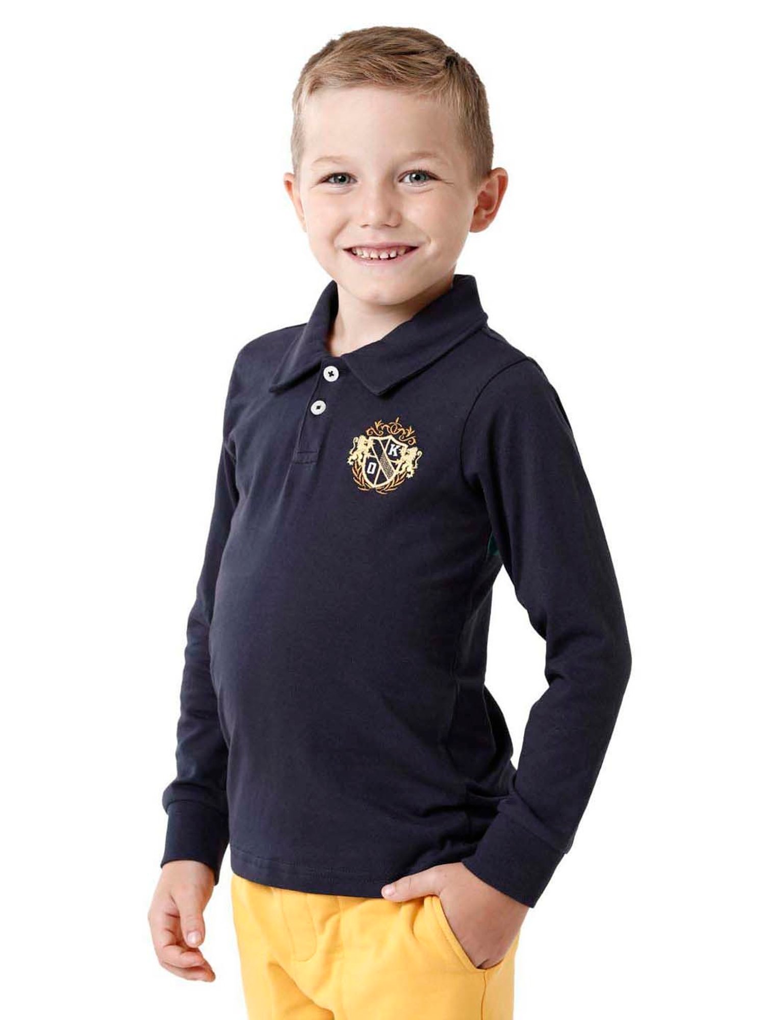 Kate & Oscar Kids Navy Cotton Embroidered Full Sleeves Polo T-Shirt