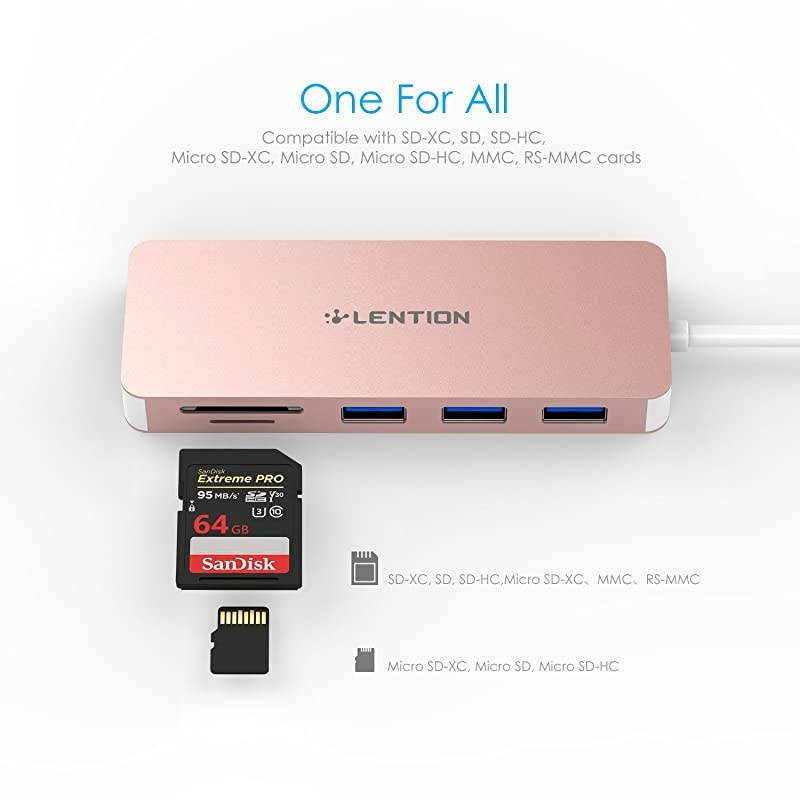 USB C Hub with 3 USB 3.0 and SD/Micro SD Card Reader Compatible 2020-2016 MacBook Pro 13/15/16, New Mac Air/iPad Pro/Surface, ChromeBook, More, Multi-Port Type C Adapter (CB-C15, Rose Gold)