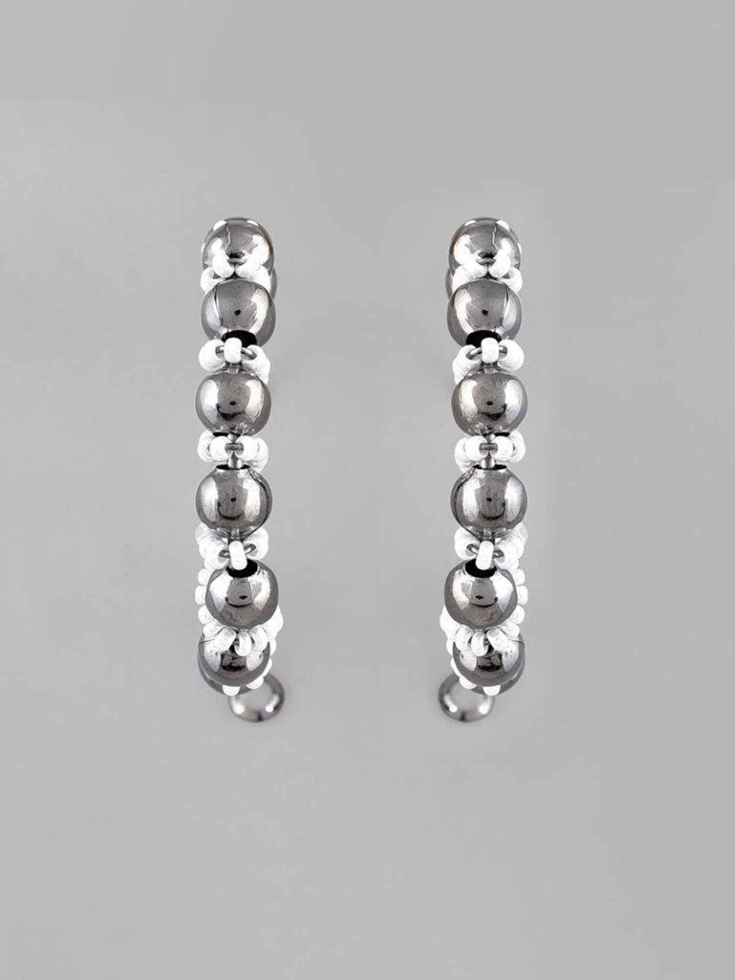 VOJ White Pearl with Silver Bead Hoop Earrings for Women