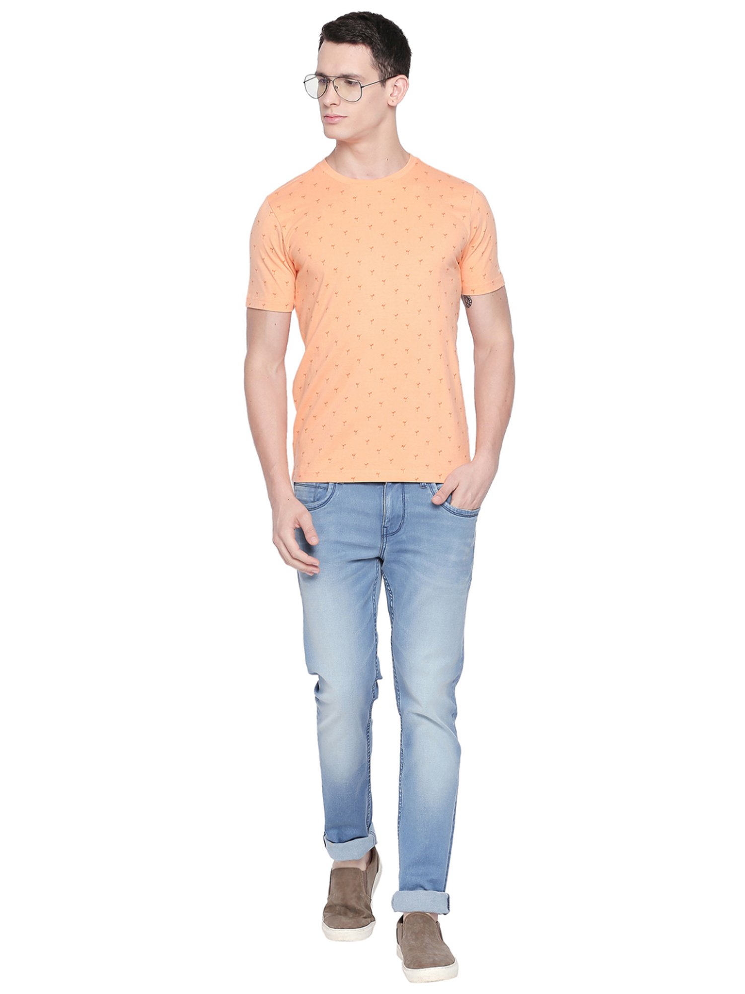 Basics Peach Cotton Slim Fit Printed T-Shirt