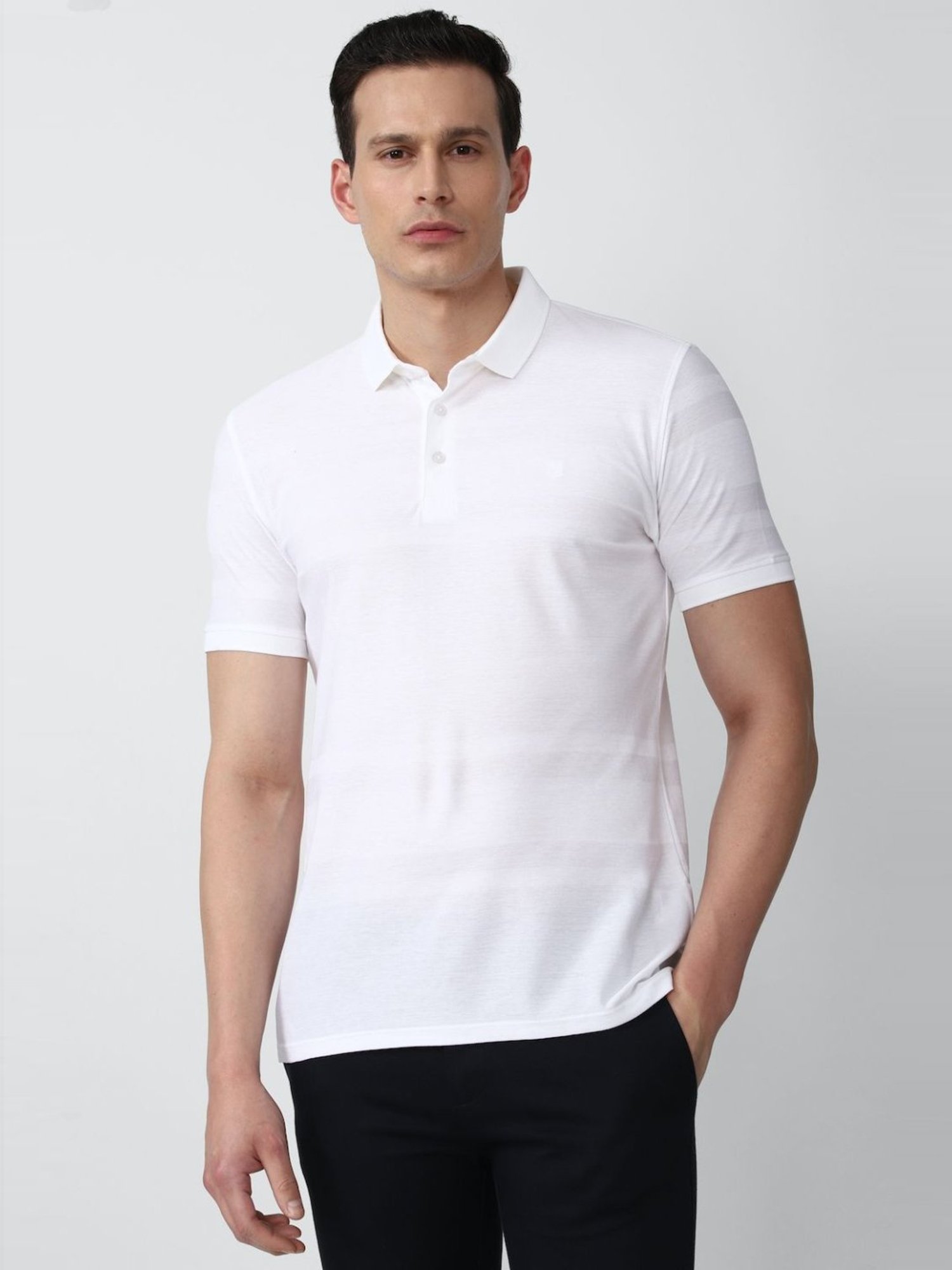 V Dot White Cotton Slim Fit Striped Polo T-Shirt