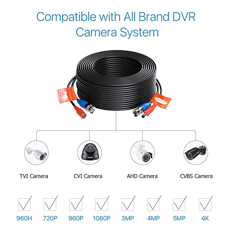 1 Pack 100ft 30 Meters 2in1 Video Power Cable BNC Extension Surveillance Camera Cables for Video Security Systems Included 1X BNC Connectors and 1X RCA Adapters