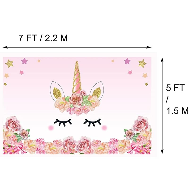 7x5FT Vinyl Backdrop Pink Unicorn Party Photography Background Roses Flowers Edge Pattern Sweet Cute Gold Star Background Birthday Baby Shower Ifant Toddlers Girls Photo Backdrop Studio Props