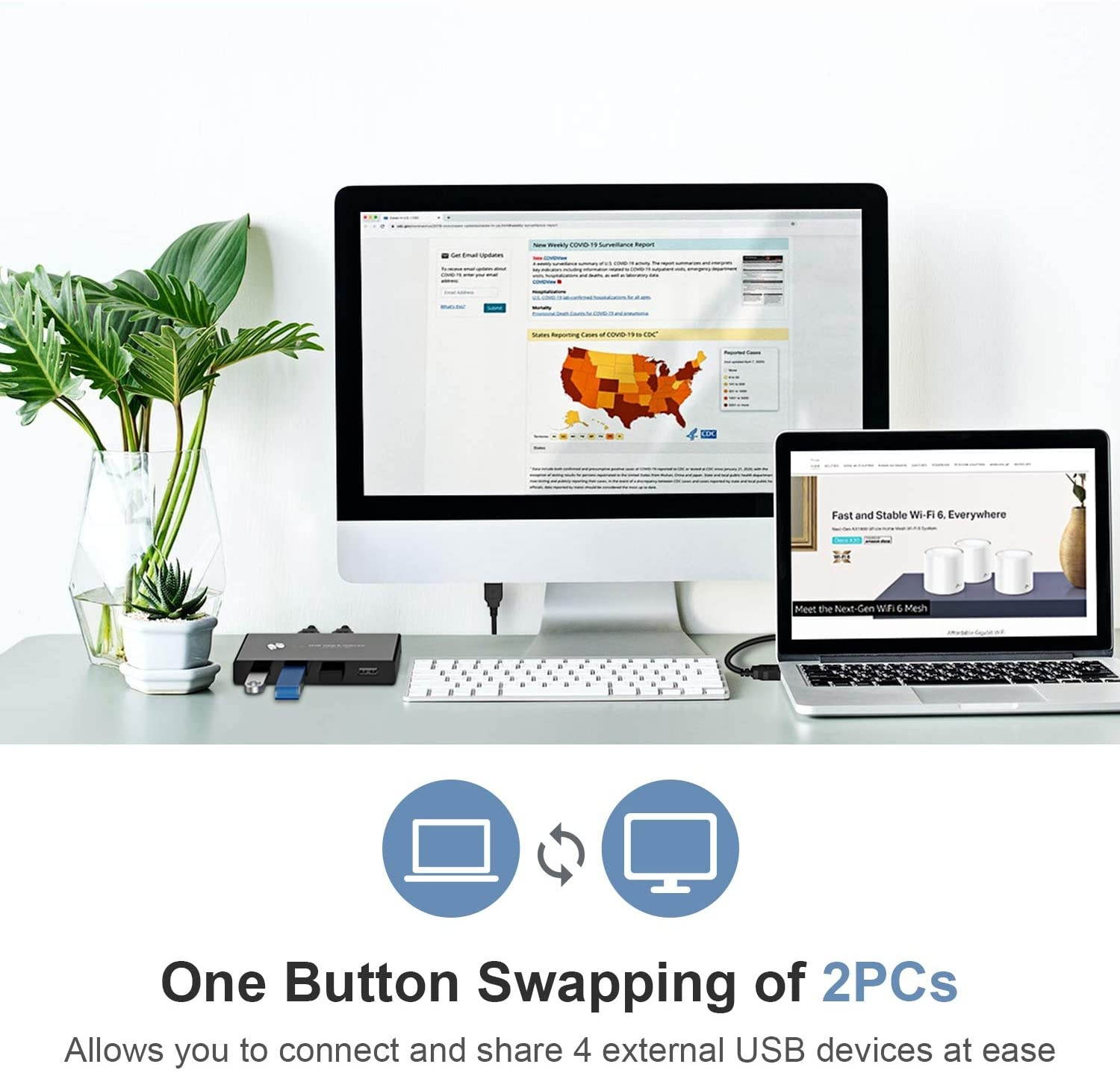 USB Switch Selector KVM Switch Adapter 2 PC Sharing 4 USB Devices USB 2.0 Peripheral Box Hub for Keyboard Mouse Scanner Printer Computerwith One-Button Swapping and 2 Pack USB A to A Cable