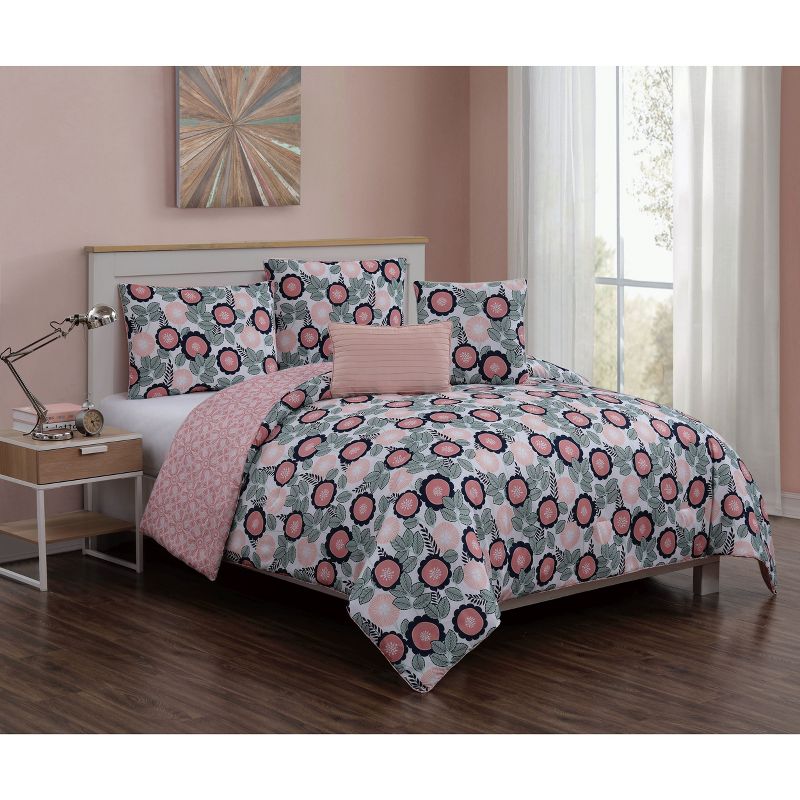 5pc Queen Marka Comforter Set Blush/Green - Geneva Home Fashion